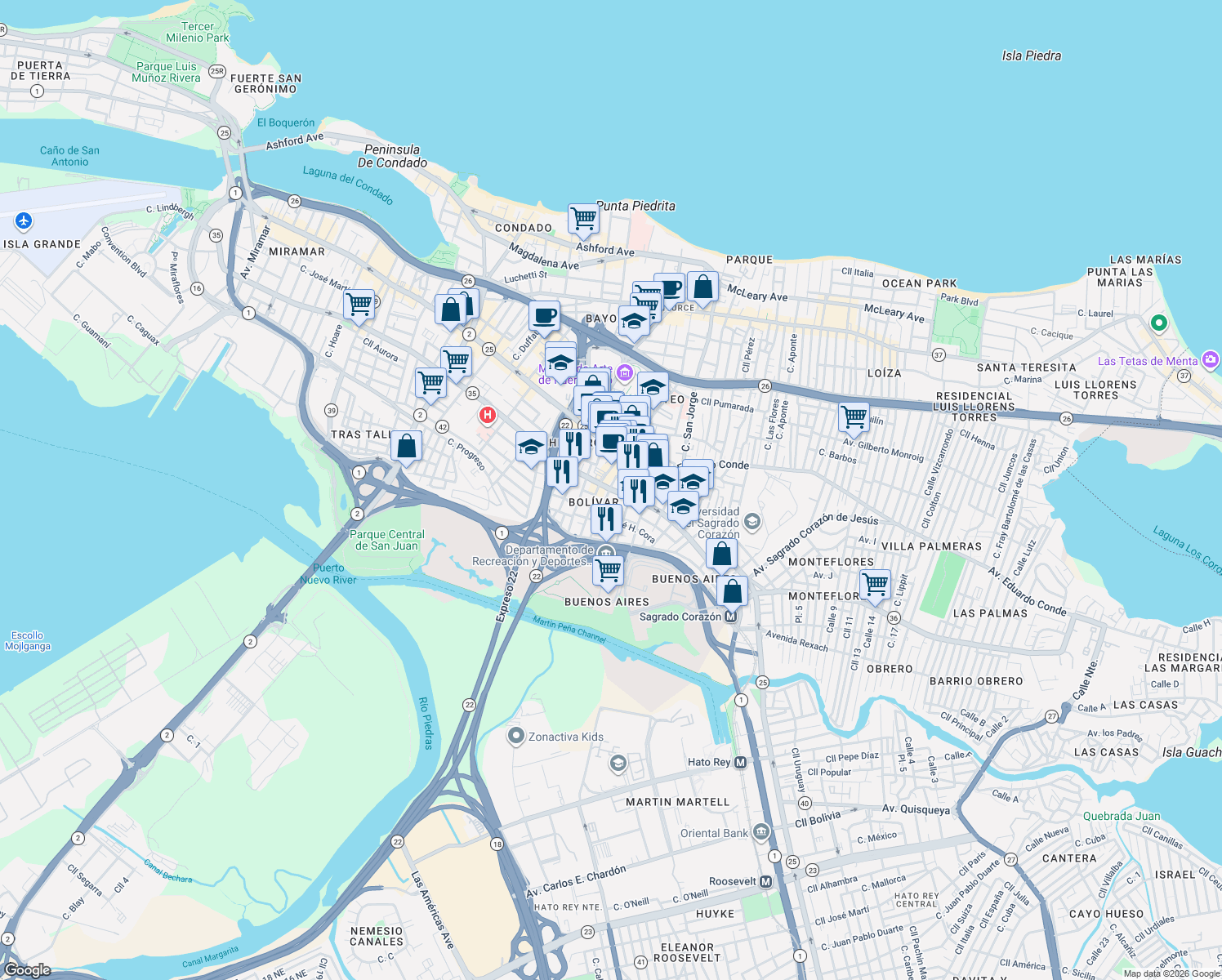 map of restaurants, bars, coffee shops, grocery stores, and more near in San Juan