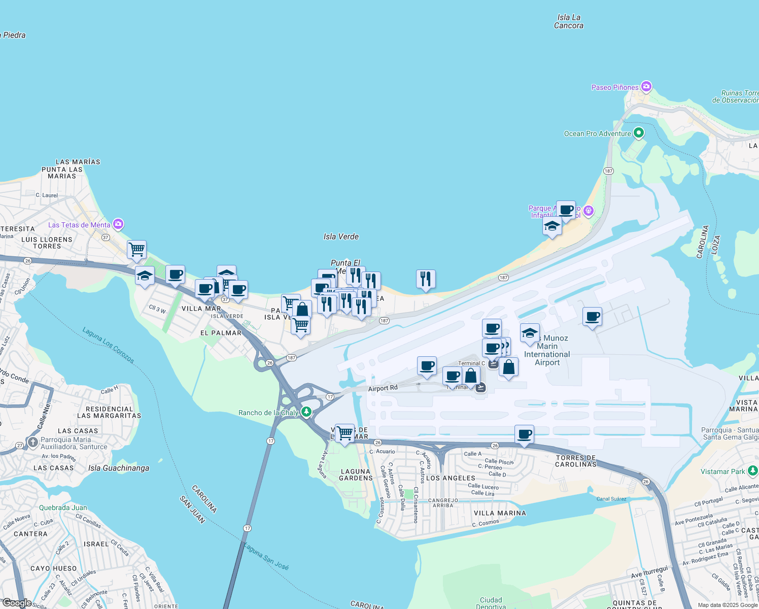 map of restaurants, bars, coffee shops, grocery stores, and more near 6961 Avenida Los Gobernadores in Carolina