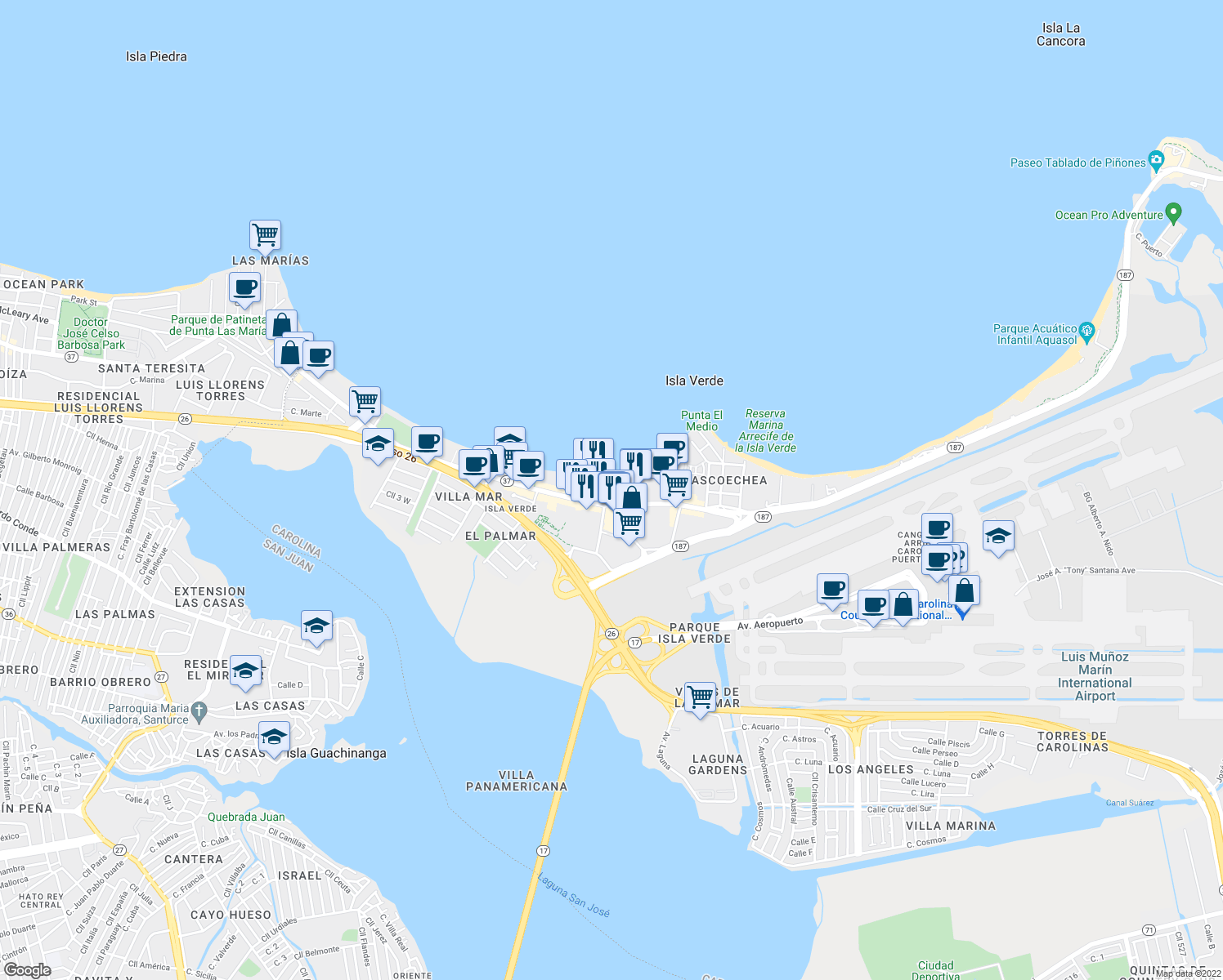 map of restaurants, bars, coffee shops, grocery stores, and more near 5859 Avenida Isla Verde in Carolina