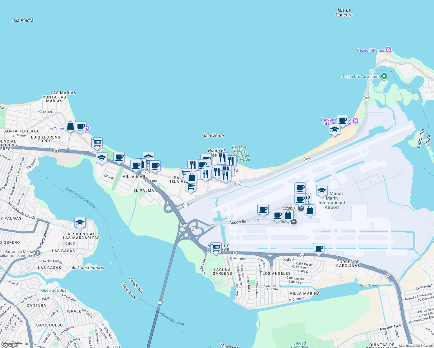 map of restaurants, bars, coffee shops, grocery stores, and more near 6741 Avenida Isla Verde in Carolina