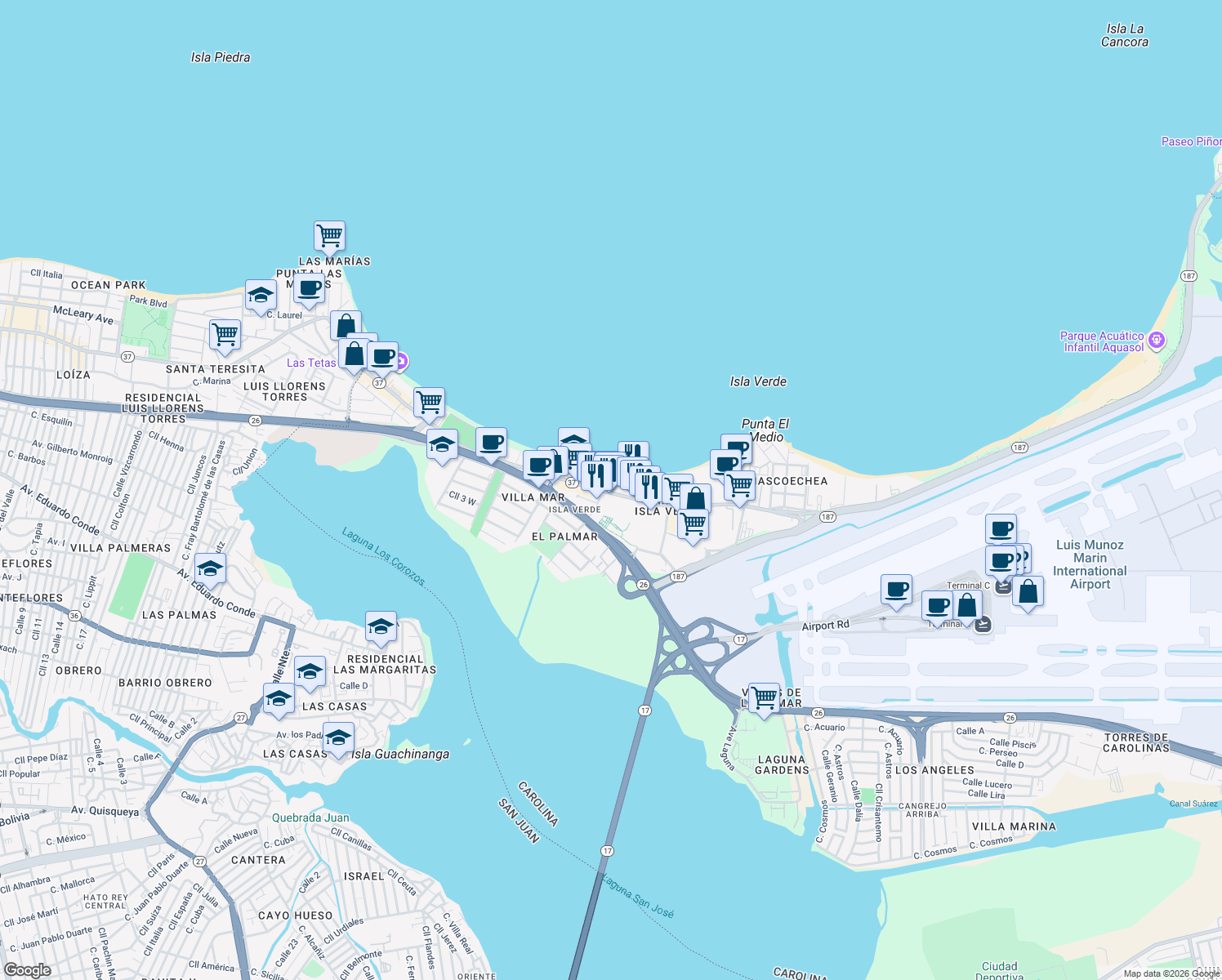 map of restaurants, bars, coffee shops, grocery stores, and more near 5984 Avenida Isla Verde in Carolina