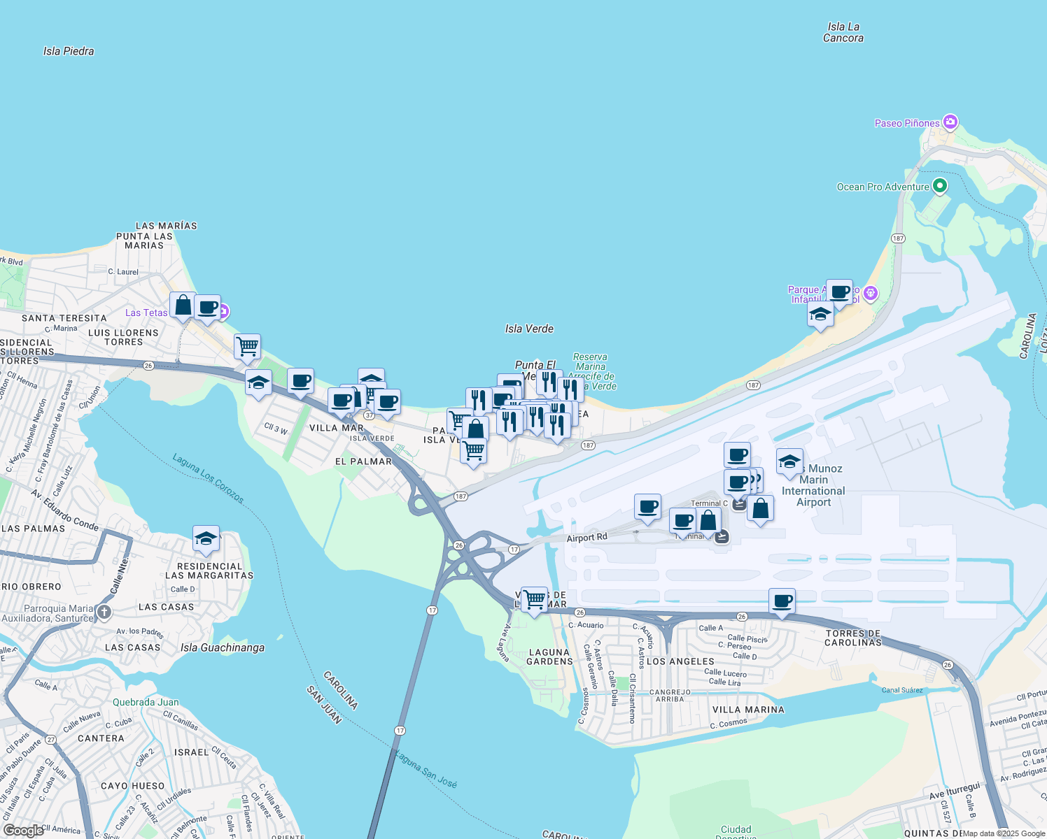 map of restaurants, bars, coffee shops, grocery stores, and more near 6741 Avenida Isla Verde in Carolina