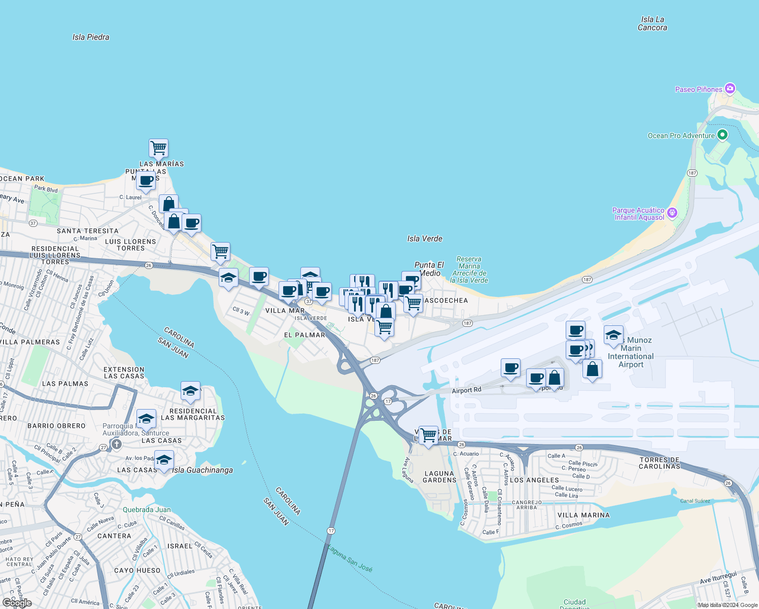 map of restaurants, bars, coffee shops, grocery stores, and more near in Carolina