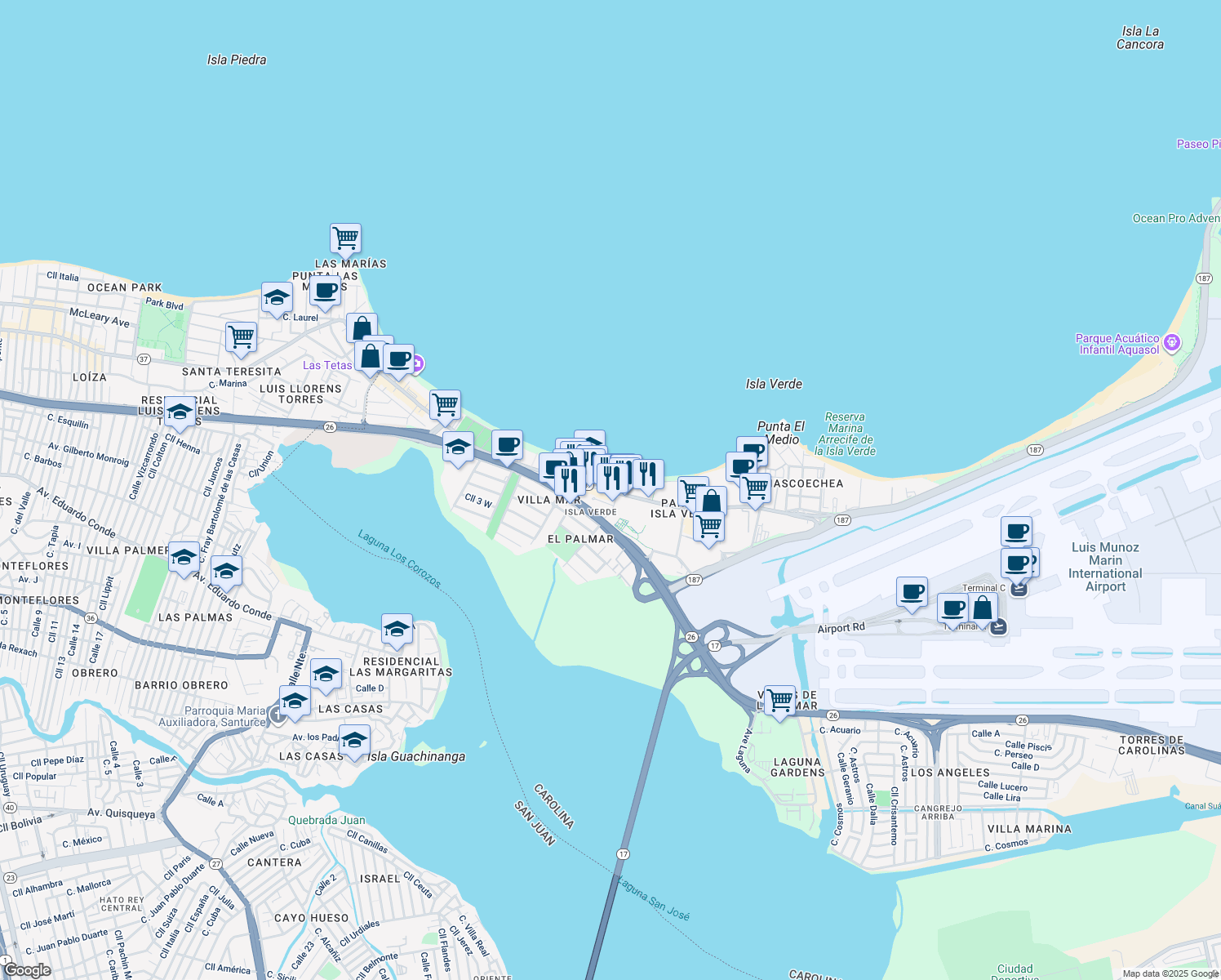 map of restaurants, bars, coffee shops, grocery stores, and more near 5245 Avenida Isla Verde in Carolina