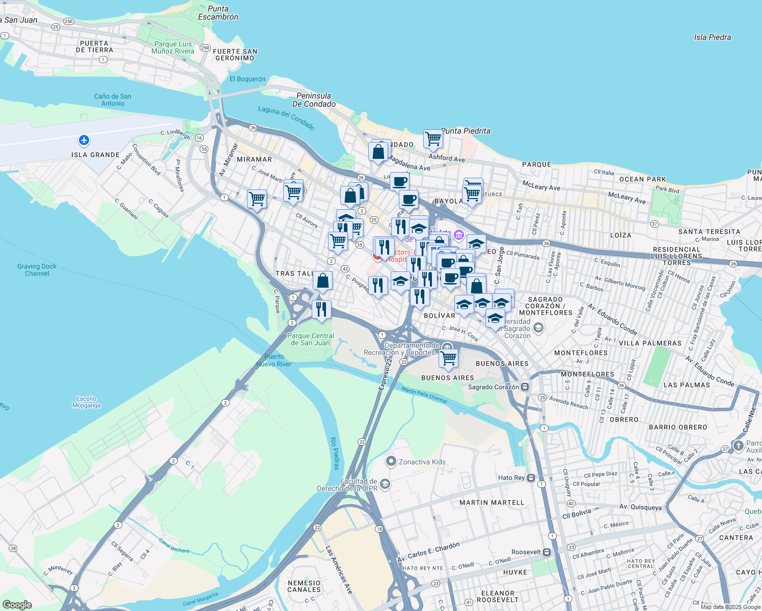map of restaurants, bars, coffee shops, grocery stores, and more near 1454 Calle Aibonito in San Juan