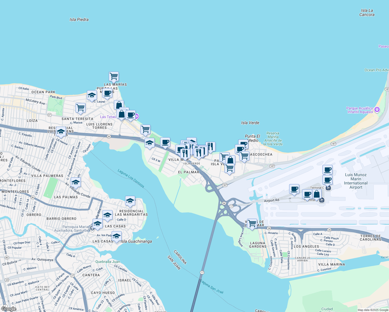 map of restaurants, bars, coffee shops, grocery stores, and more near Avenida Isla Verde in Carolina