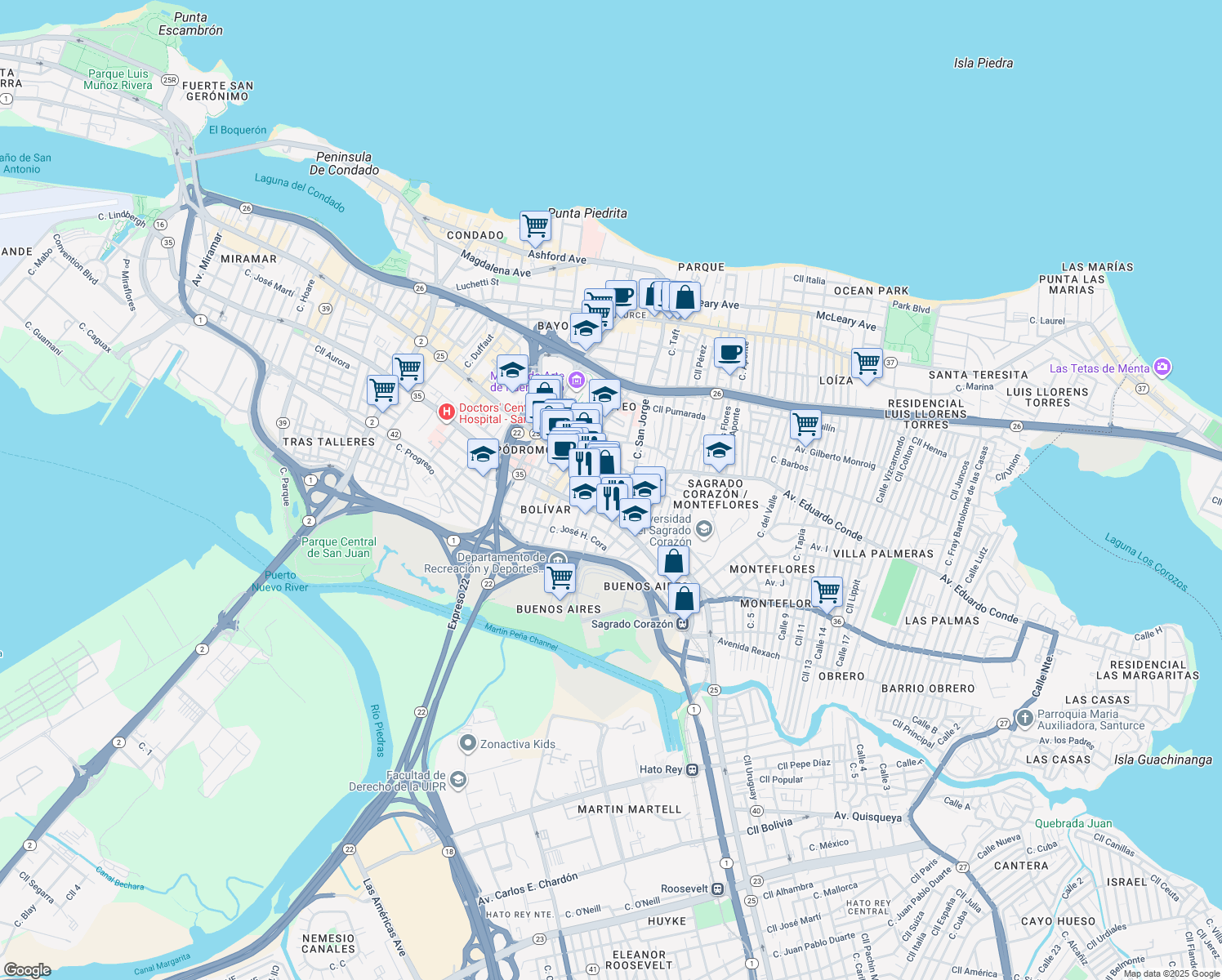 map of restaurants, bars, coffee shops, grocery stores, and more near 456 Calle Saldaña in San Juan