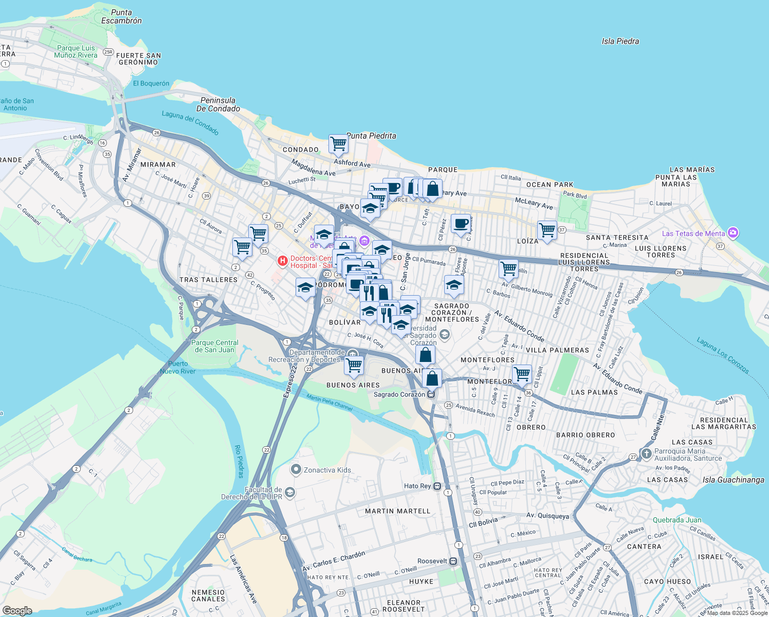 map of restaurants, bars, coffee shops, grocery stores, and more near 456 Calle Saldaña in San Juan