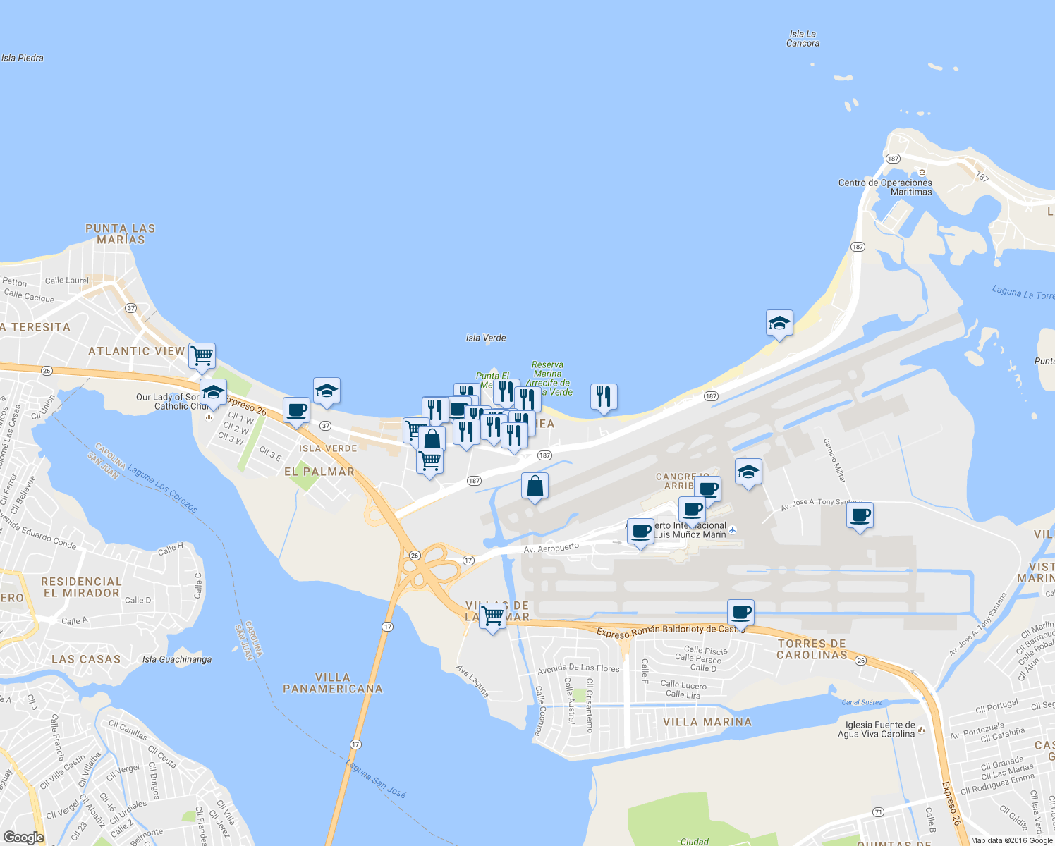 map of restaurants, bars, coffee shops, grocery stores, and more near 22 Calle Violeta in Carolina