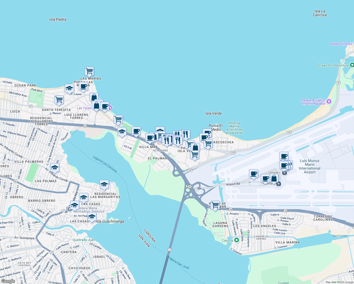 map of restaurants, bars, coffee shops, grocery stores, and more near in Carolina