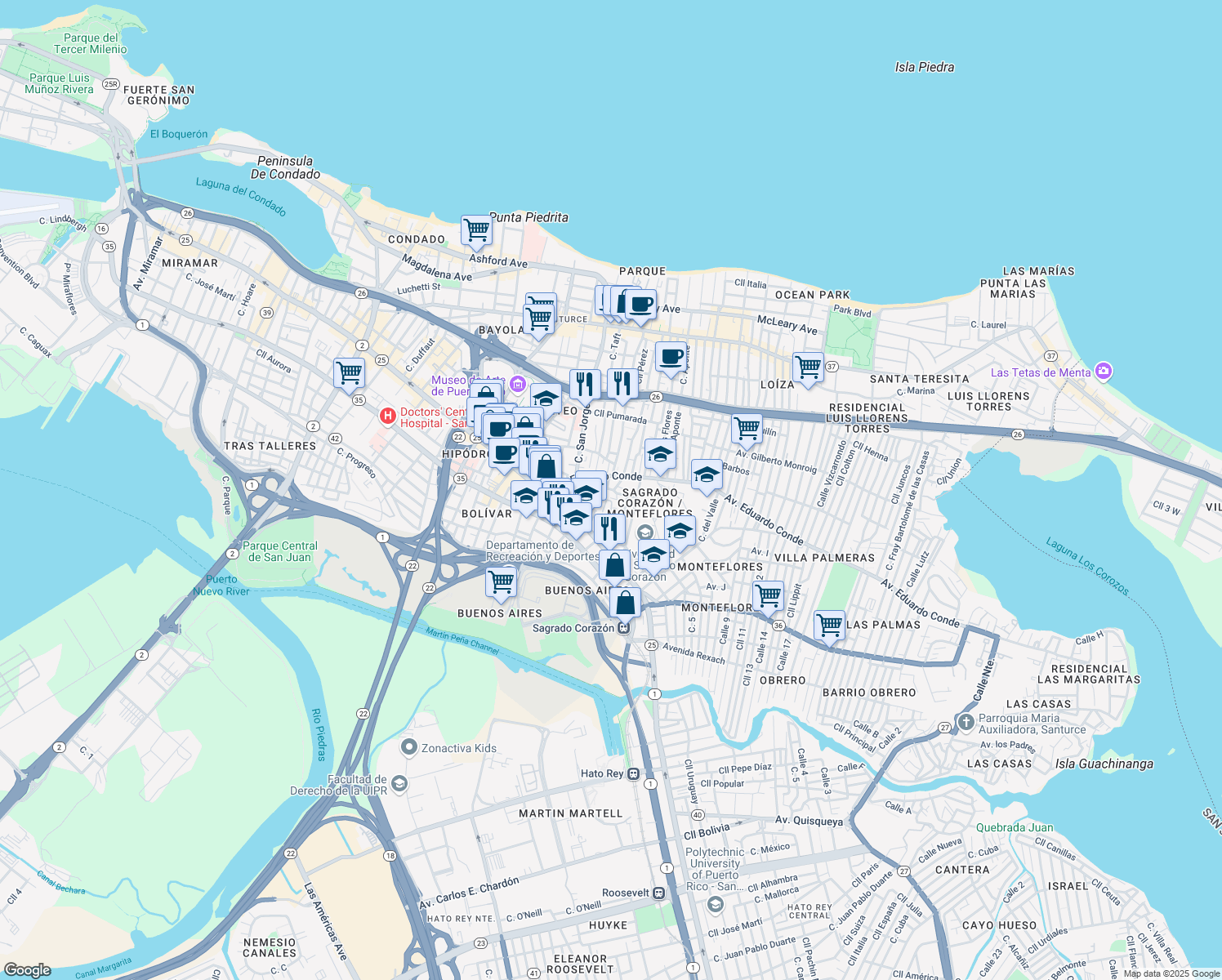 map of restaurants, bars, coffee shops, grocery stores, and more near 405-409 Calle Diez De Andino in San Juan