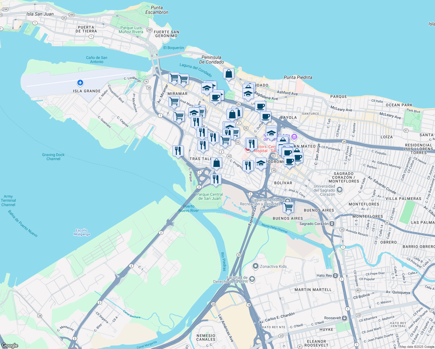 map of restaurants, bars, coffee shops, grocery stores, and more near in San Juan