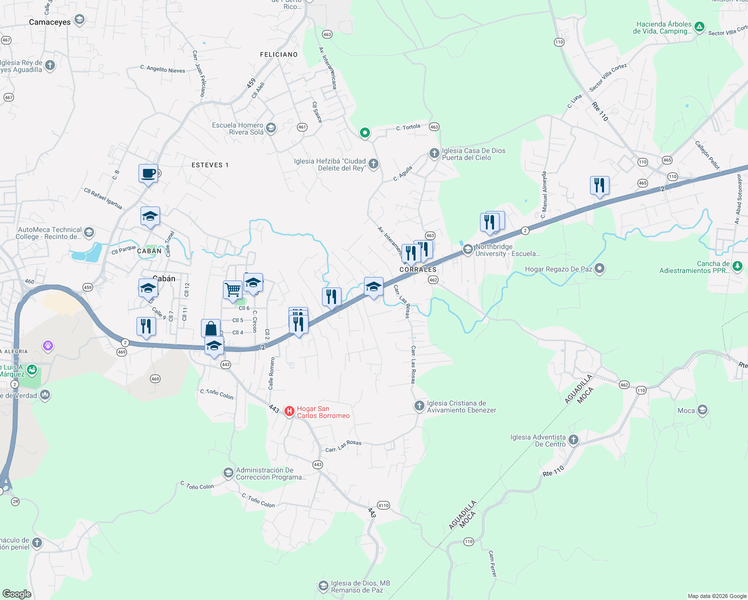 map of restaurants, bars, coffee shops, grocery stores, and more near Avenue Flamboyan in Aguadilla