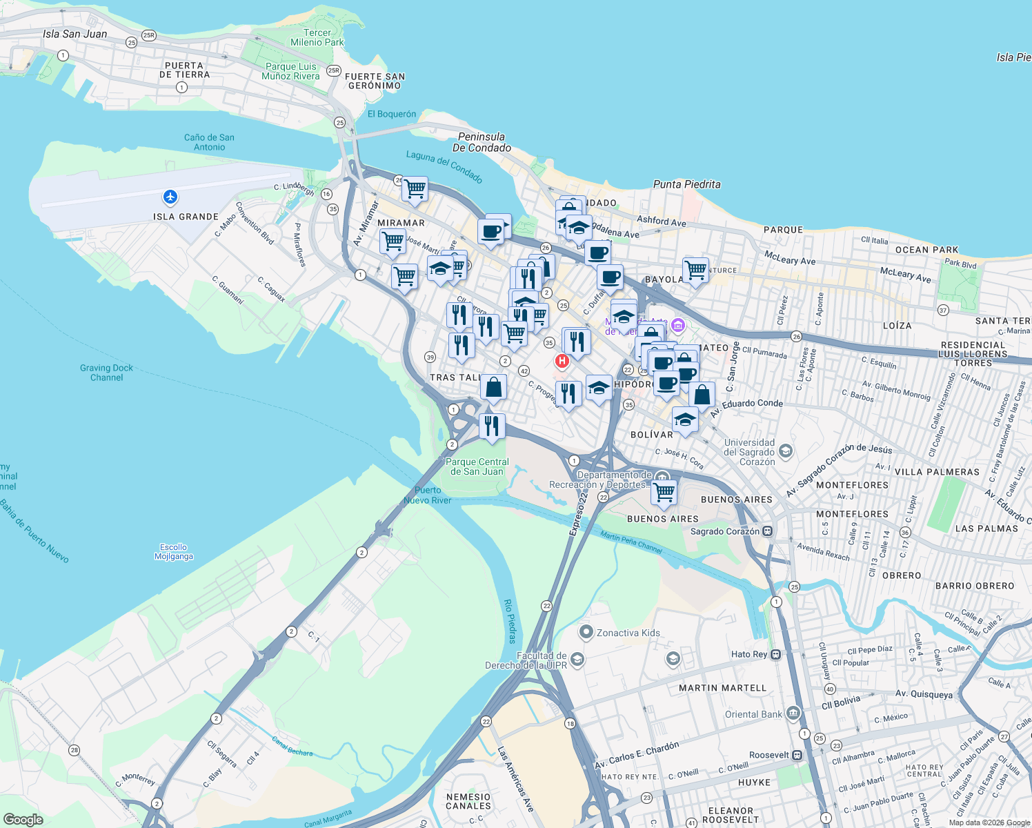 map of restaurants, bars, coffee shops, grocery stores, and more near 39 Calle San Rafael in San Juan