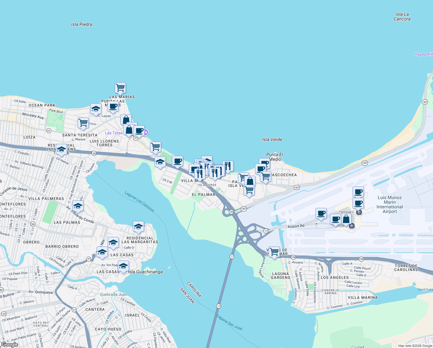 map of restaurants, bars, coffee shops, grocery stores, and more near in Carolina