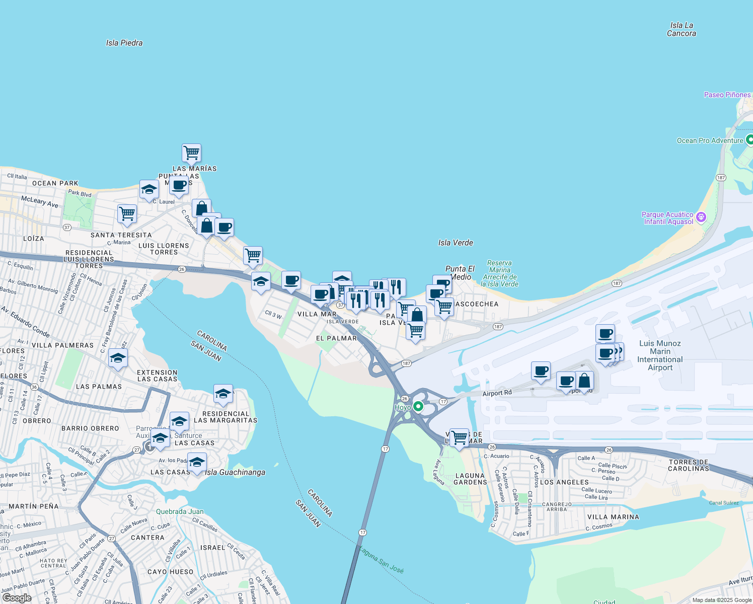 map of restaurants, bars, coffee shops, grocery stores, and more near in Carolina
