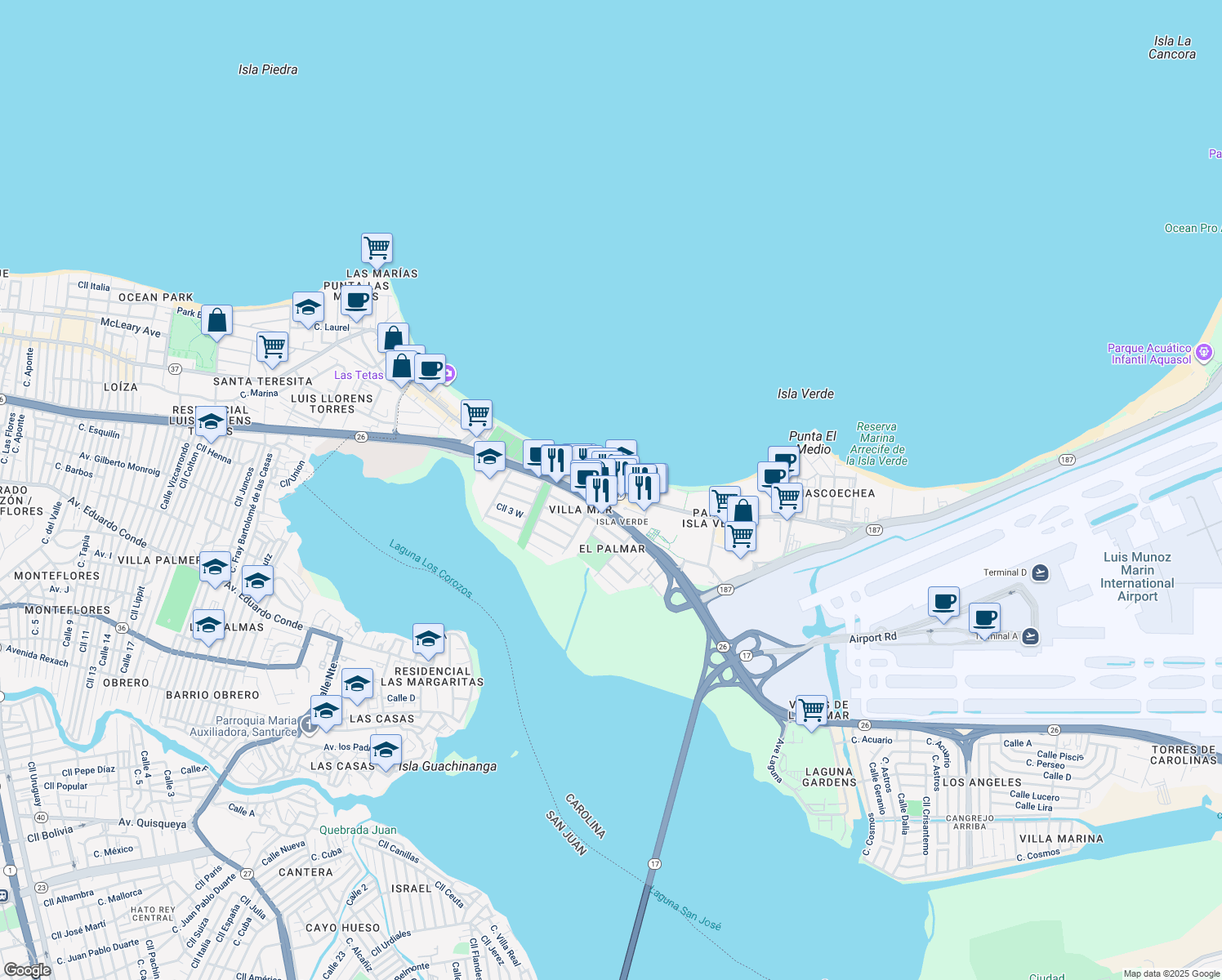 map of restaurants, bars, coffee shops, grocery stores, and more near 4837 Avenida Isla Verde in Carolina