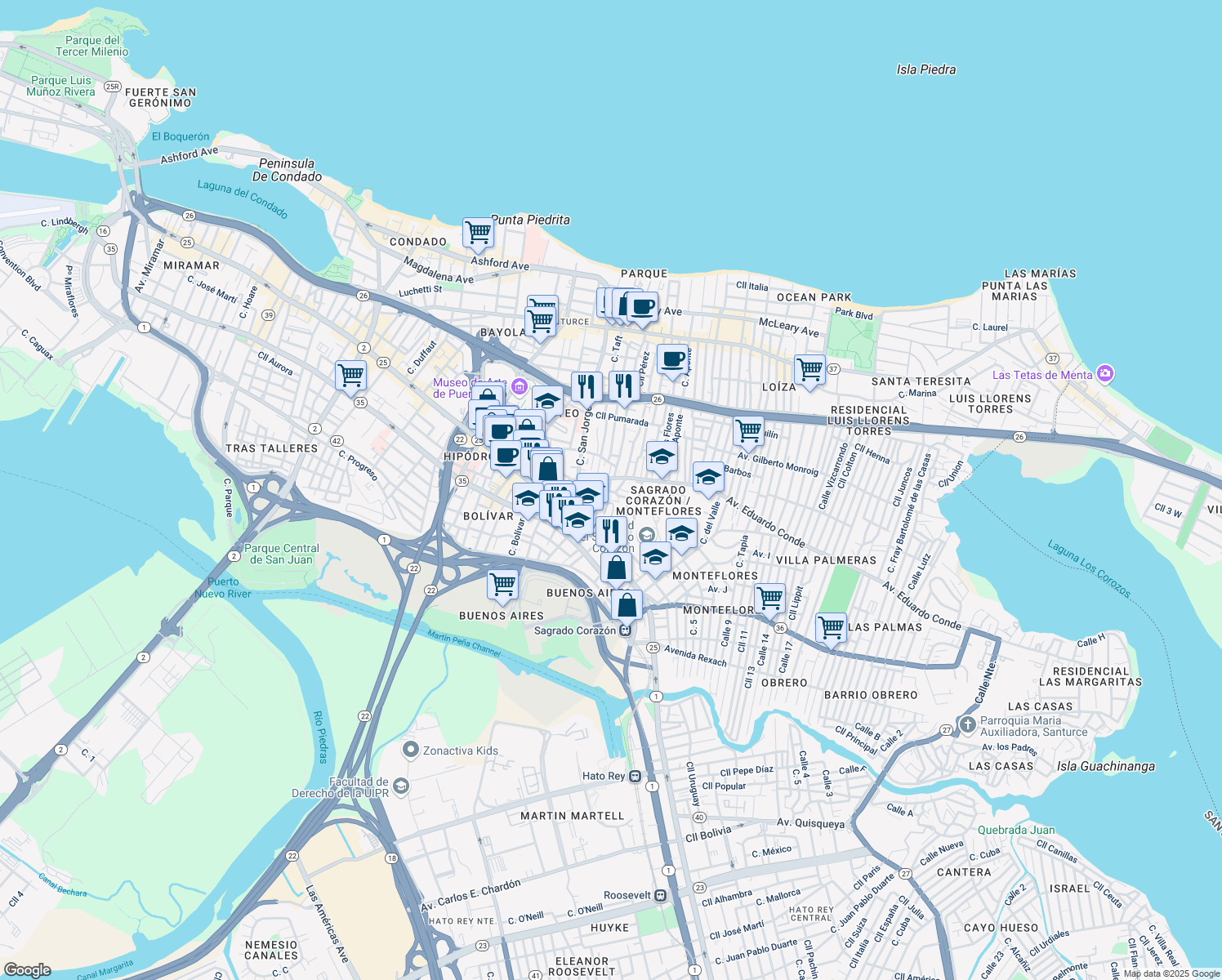 map of restaurants, bars, coffee shops, grocery stores, and more near 409 Calle Diez de Andino in San Juan