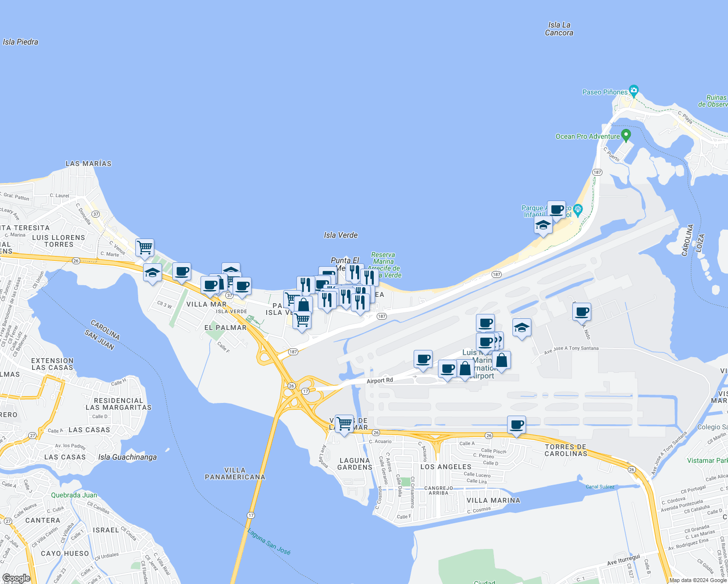 map of restaurants, bars, coffee shops, grocery stores, and more near 1 Calle Lirio in Carolina