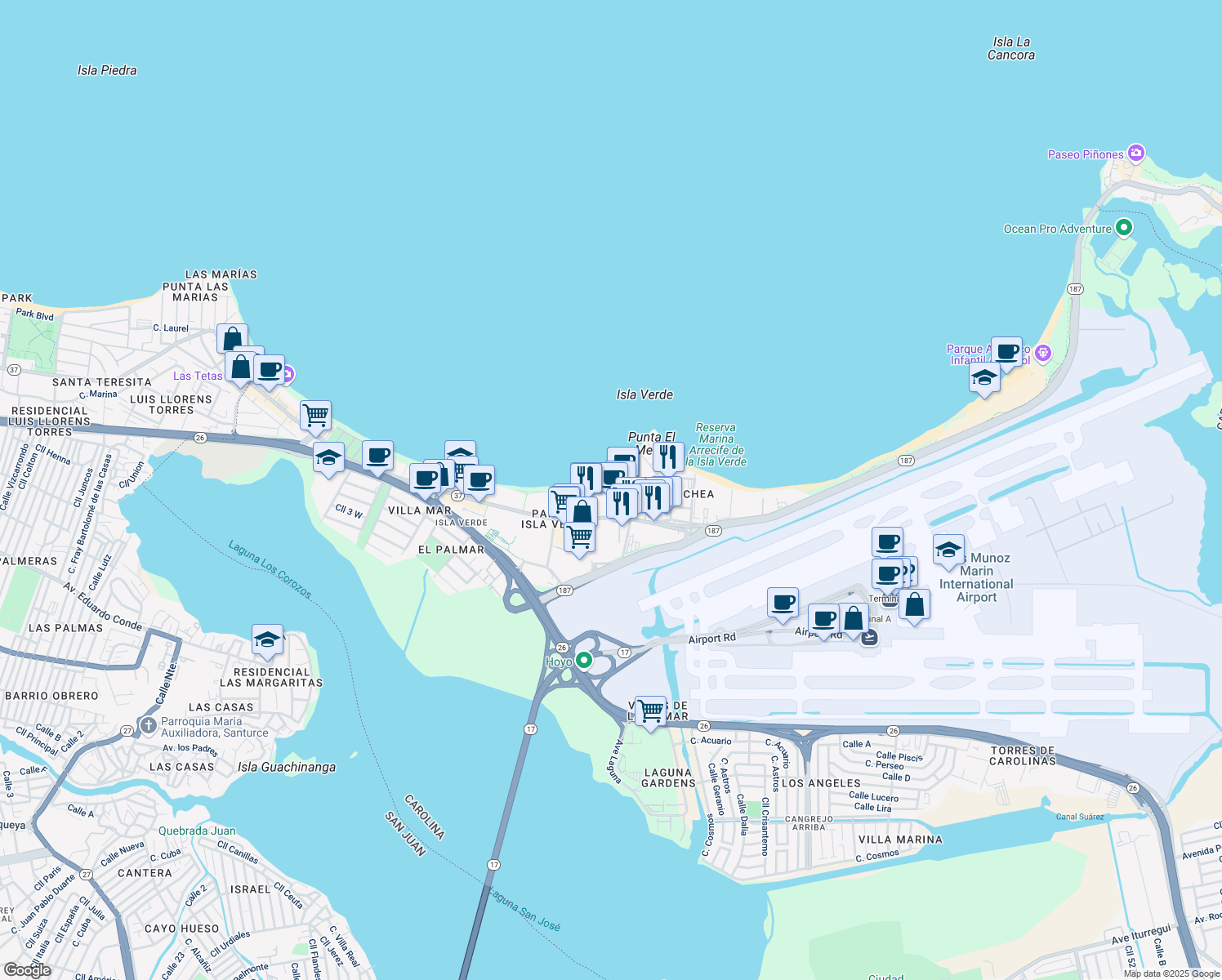 map of restaurants, bars, coffee shops, grocery stores, and more near Avenida Isla Verde in Carolina