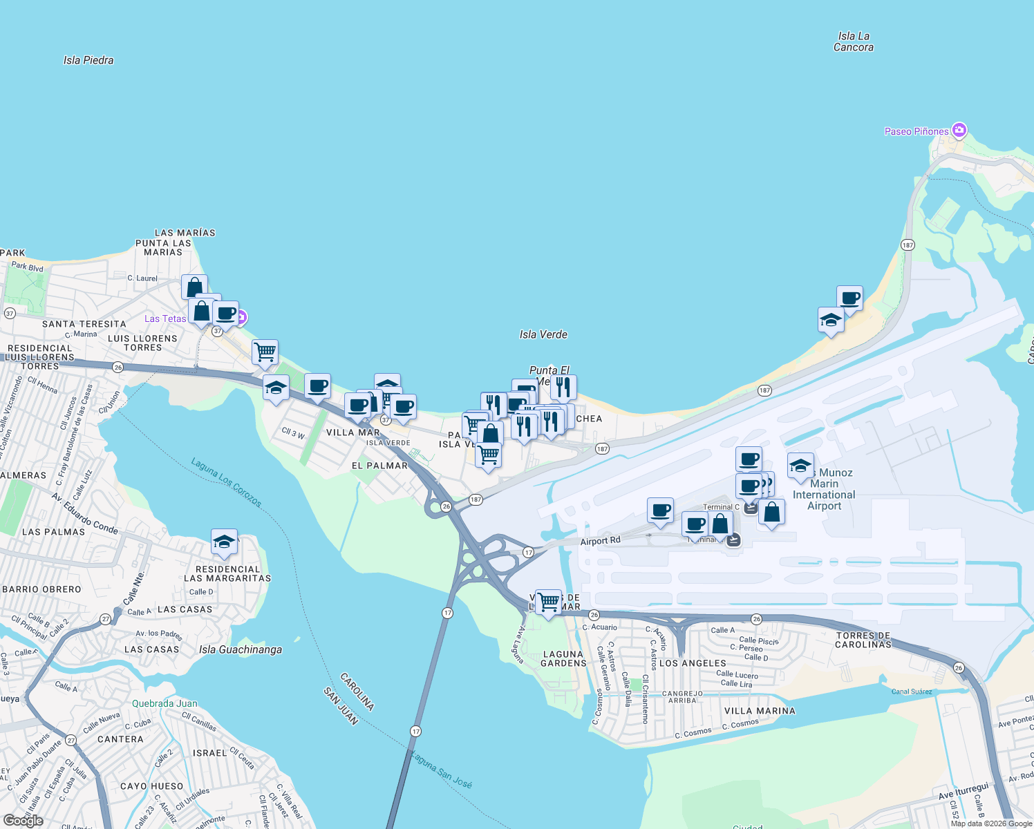 map of restaurants, bars, coffee shops, grocery stores, and more near 6063 Avenida Isla Verde in Carolina