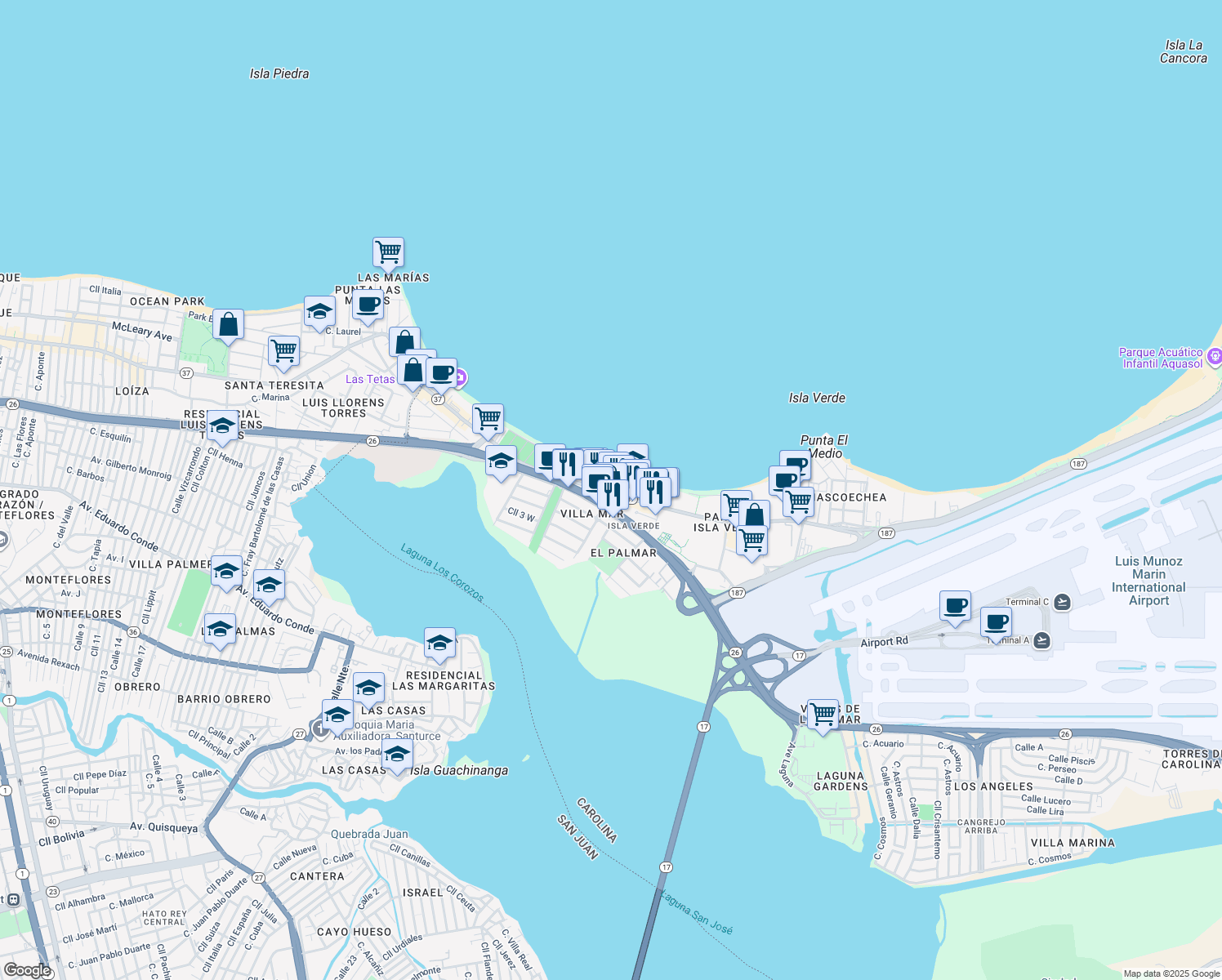 map of restaurants, bars, coffee shops, grocery stores, and more near 4837 Avenida Isla Verde in Carolina