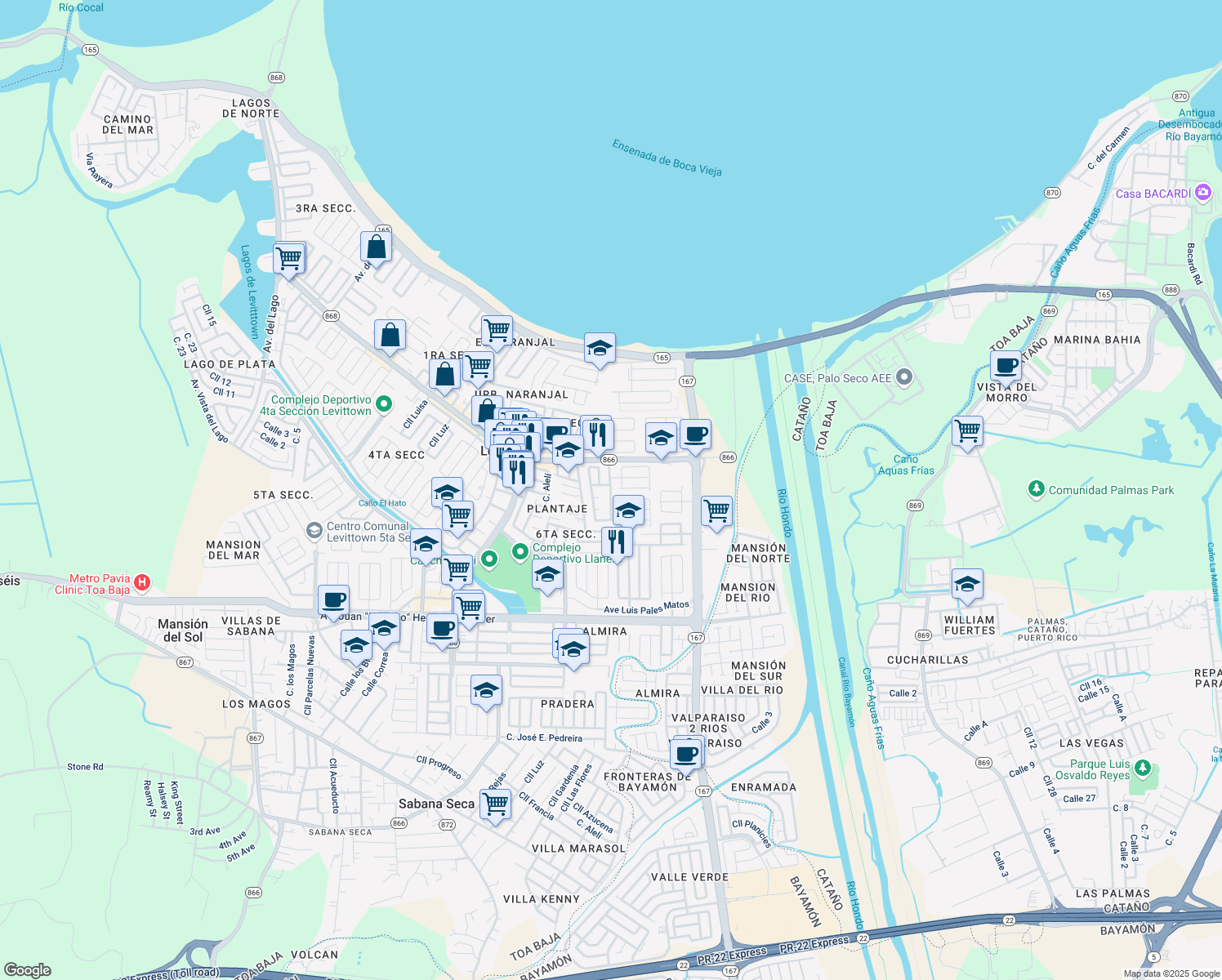 map of restaurants, bars, coffee shops, grocery stores, and more near Calle Jose Gautier Benitez in Toa Baja