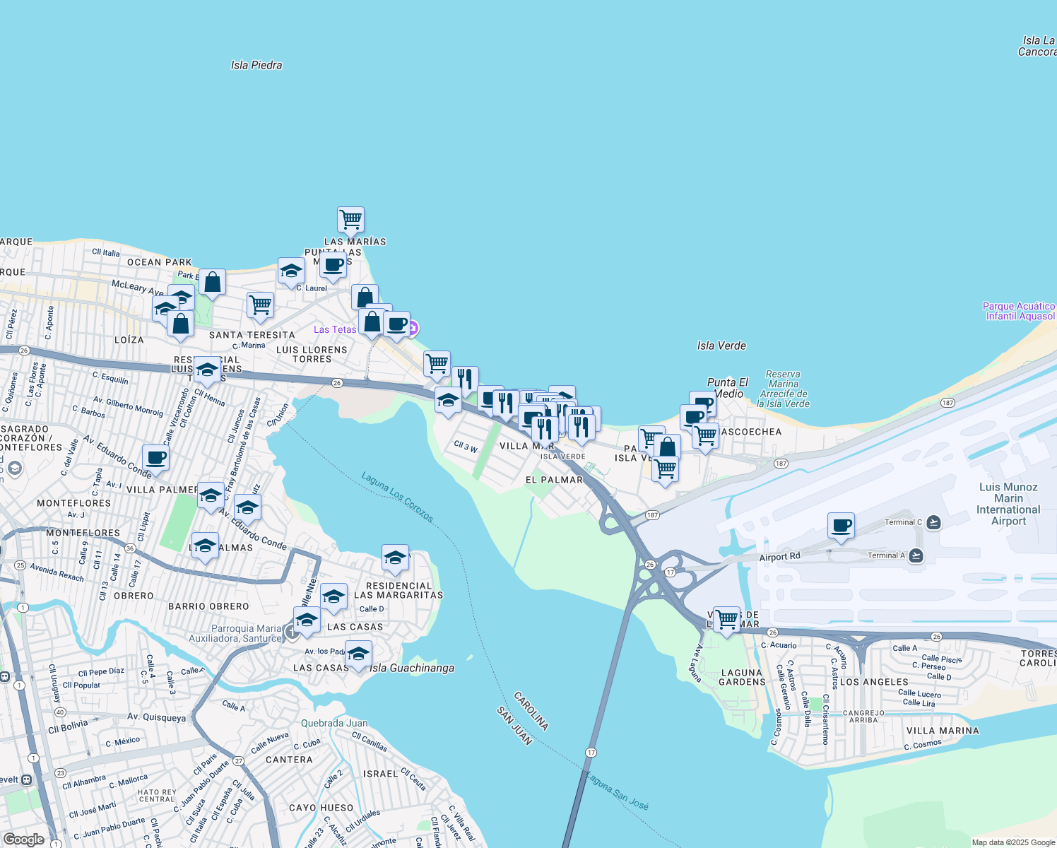 map of restaurants, bars, coffee shops, grocery stores, and more near in Carolina