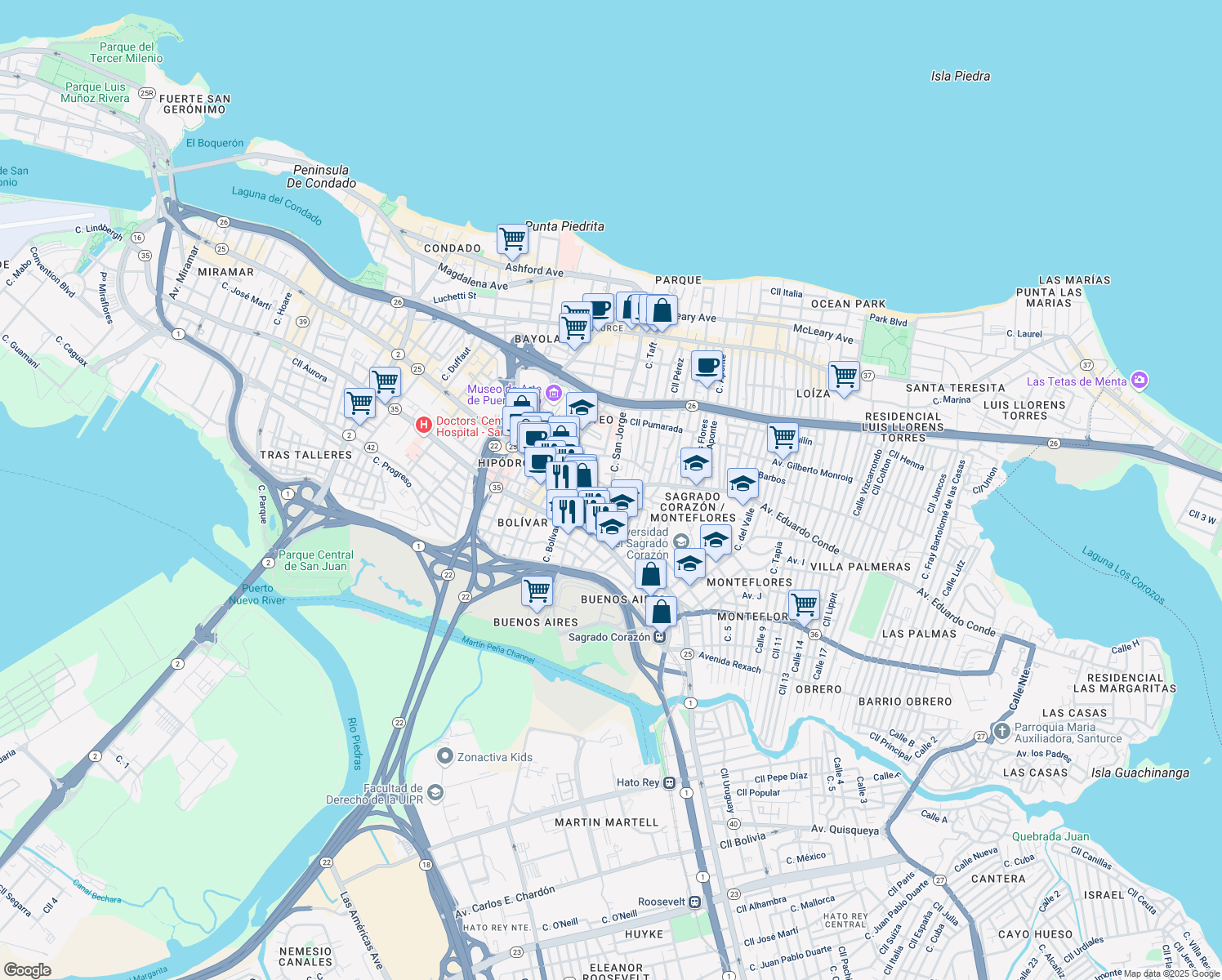 map of restaurants, bars, coffee shops, grocery stores, and more near 1702 Calle San Mateo in San Juan