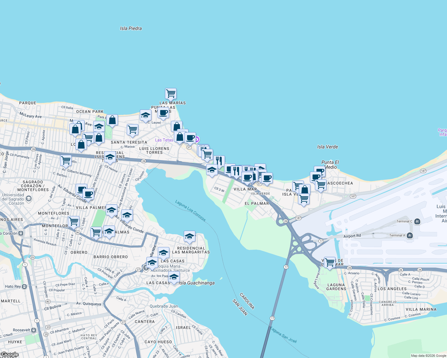 map of restaurants, bars, coffee shops, grocery stores, and more near 1225 Calle Marginal Villamar in Carolina