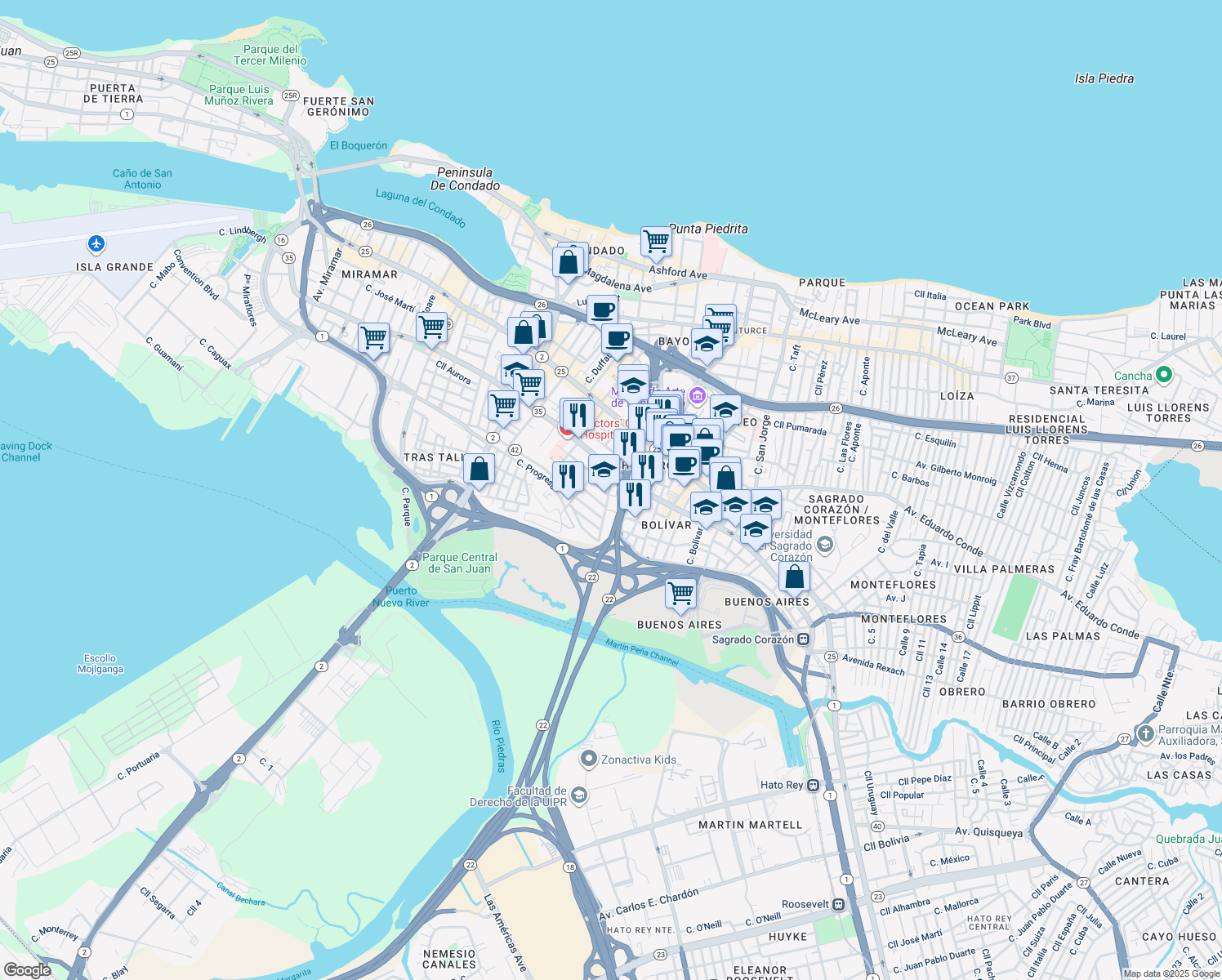 map of restaurants, bars, coffee shops, grocery stores, and more near 757 Avenida Avelino Vicente in San Juan