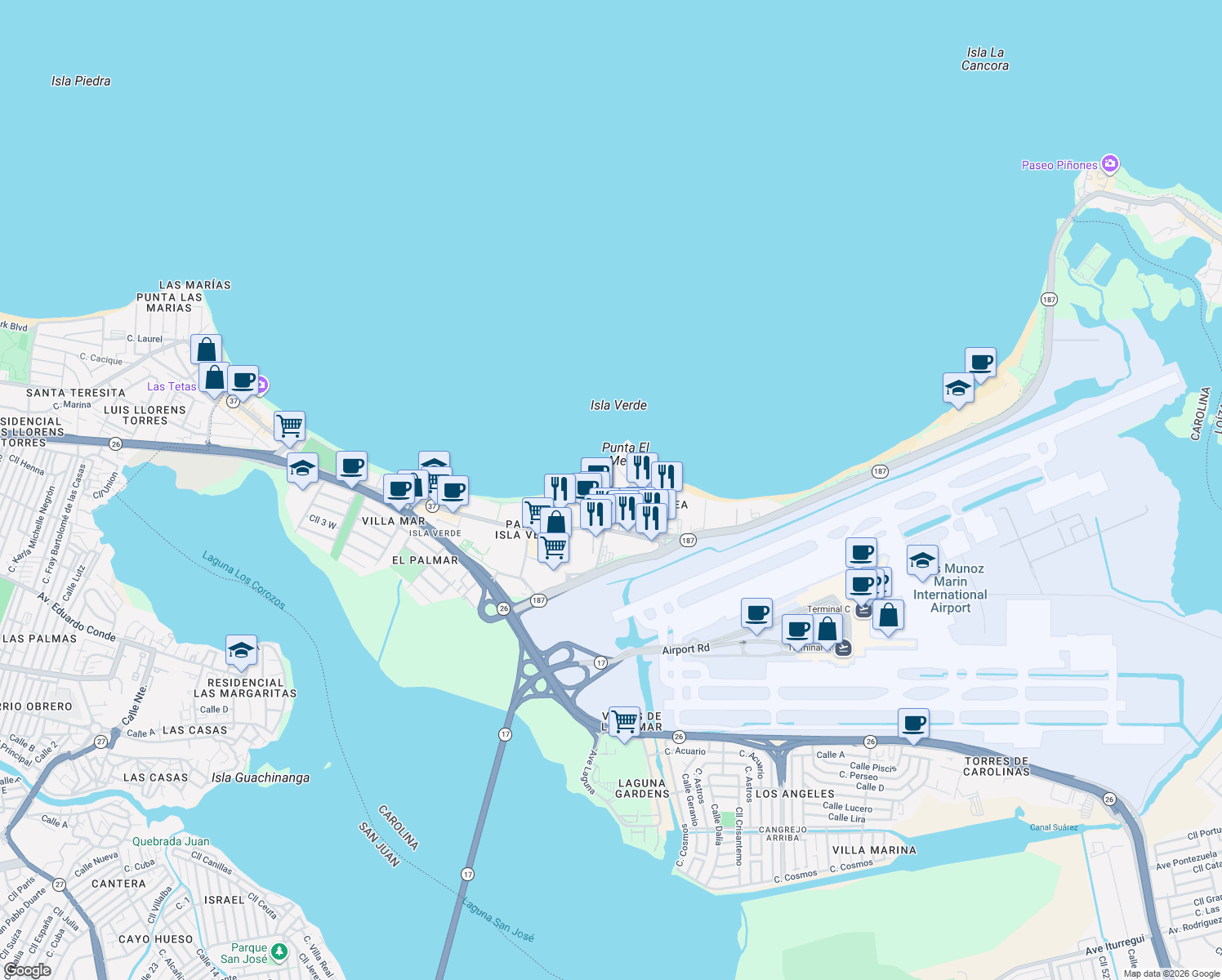 map of restaurants, bars, coffee shops, grocery stores, and more near Calle Cape Yubi in Carolina