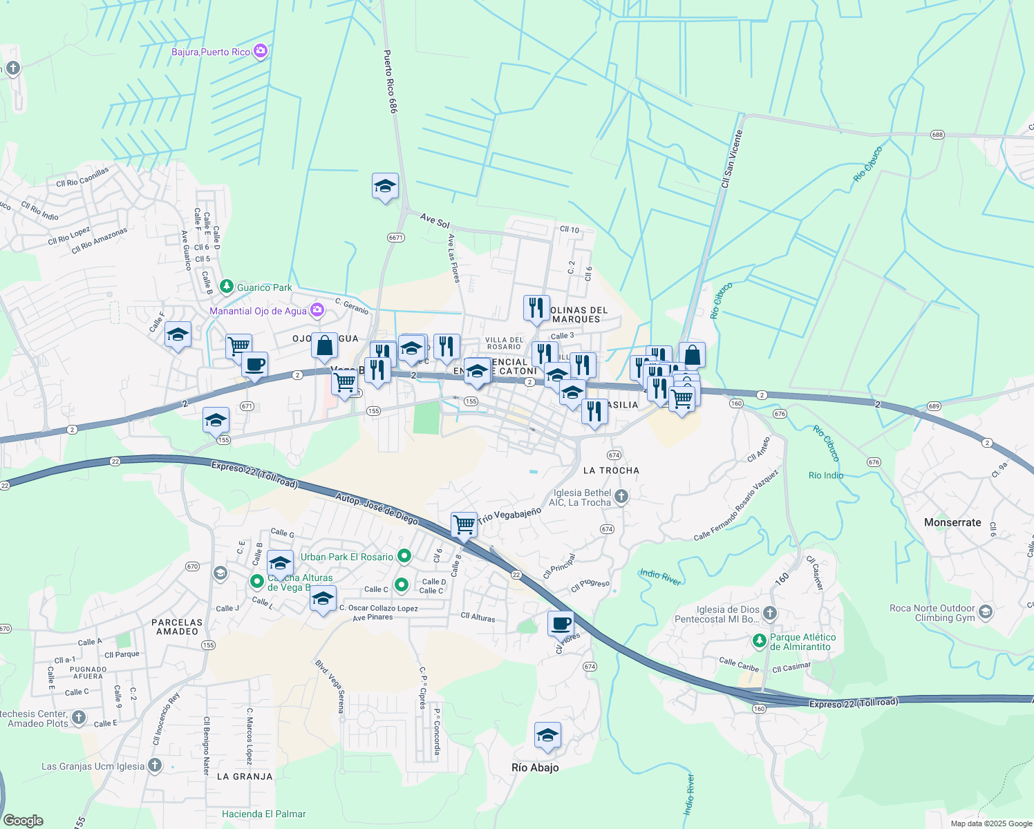 map of restaurants, bars, coffee shops, grocery stores, and more near Puerto Rico 155 in Vega Baja