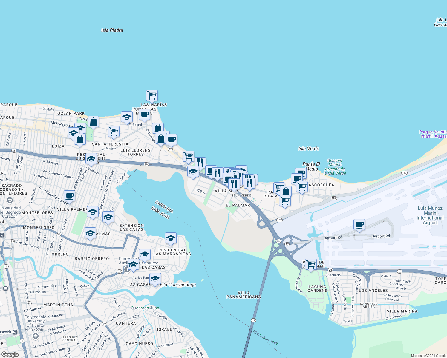 map of restaurants, bars, coffee shops, grocery stores, and more near 4735 Avenida Isla Verde in Carolina