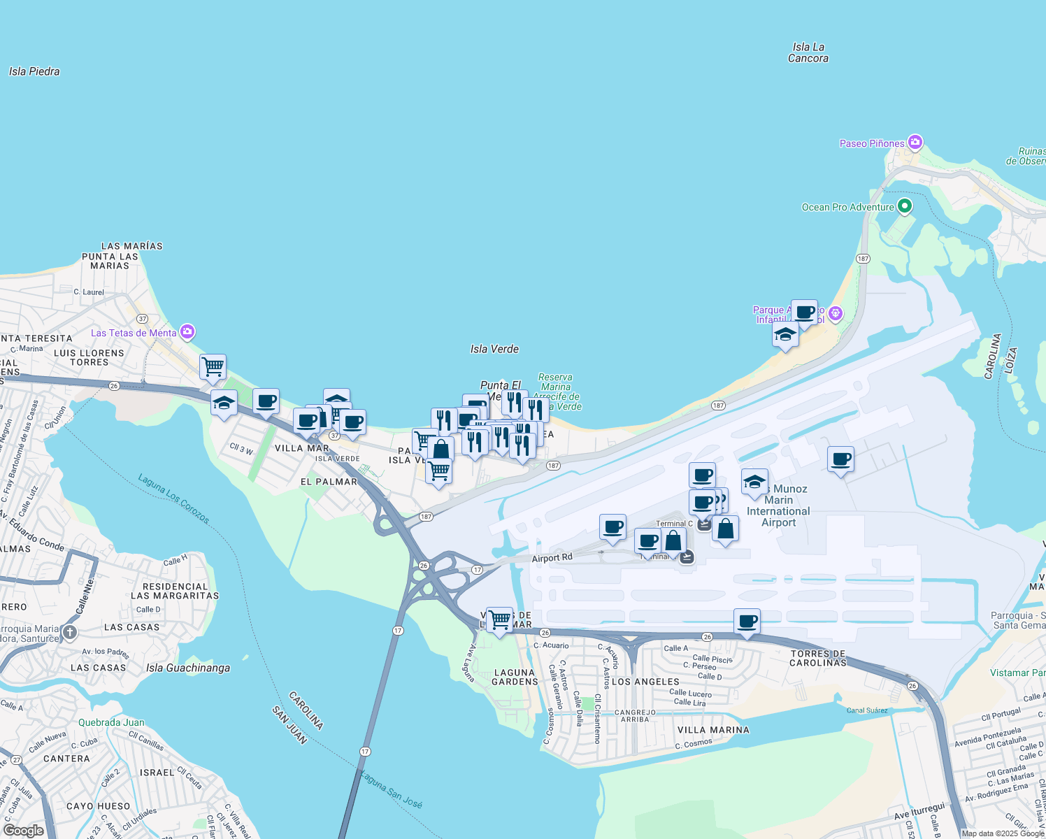map of restaurants, bars, coffee shops, grocery stores, and more near in Carolina