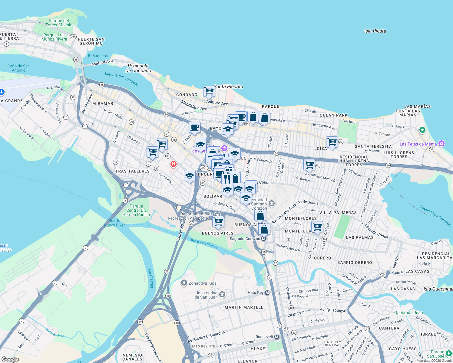 map of restaurants, bars, coffee shops, grocery stores, and more near 603 Calle Del Parque in San Juan