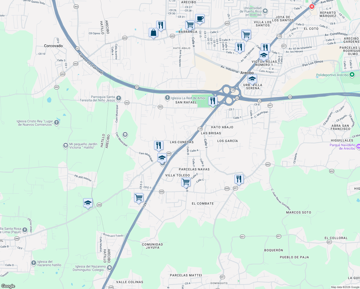 map of restaurants, bars, coffee shops, grocery stores, and more near in Arecibo