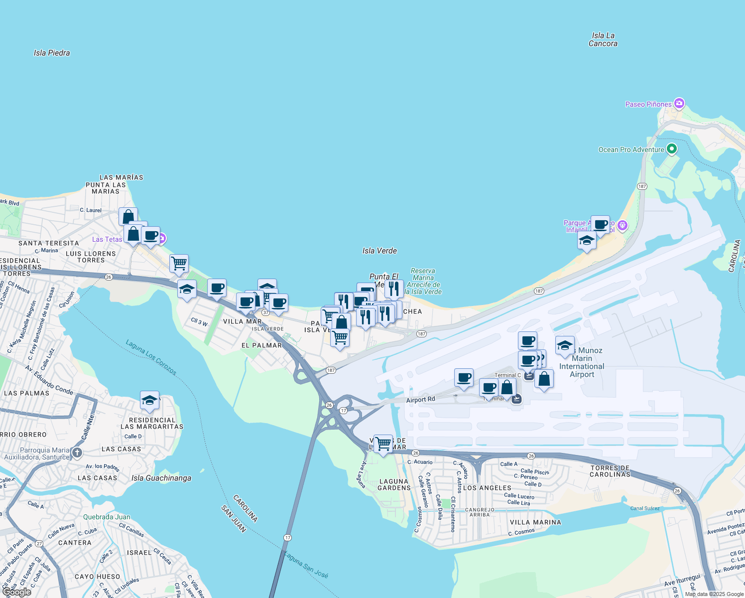 map of restaurants, bars, coffee shops, grocery stores, and more near 6165 Avenida Isla Verde in Carolina