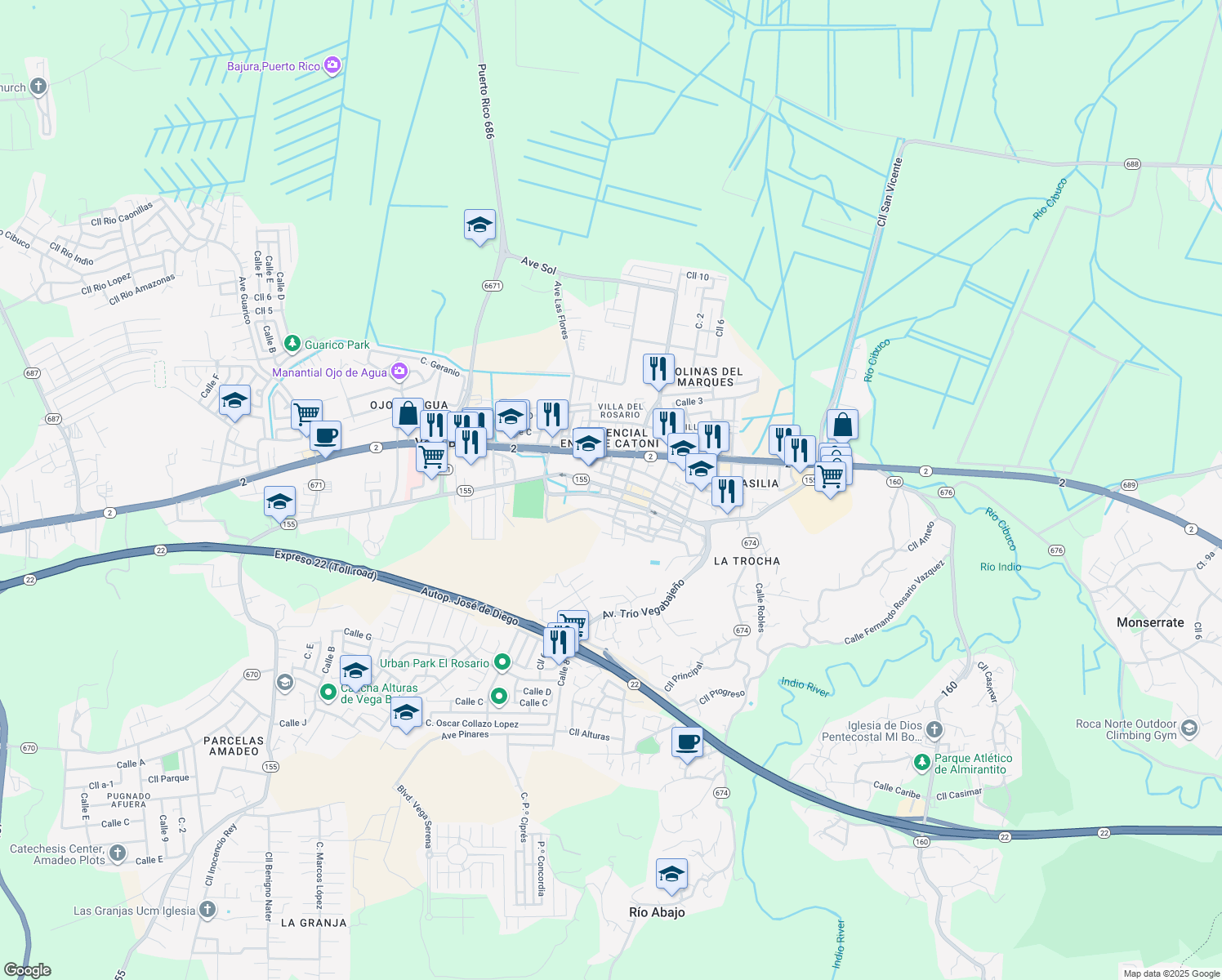 map of restaurants, bars, coffee shops, grocery stores, and more near 62-82 Calle Baldorioty de Castro in Vega Baja