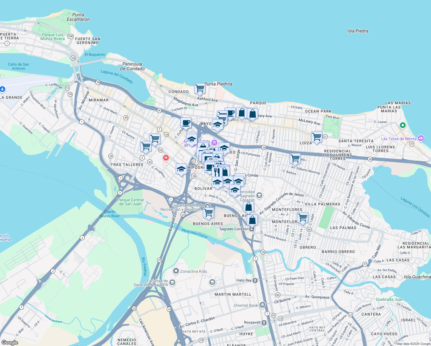 map of restaurants, bars, coffee shops, grocery stores, and more near 603 Calle Del Parque in San Juan
