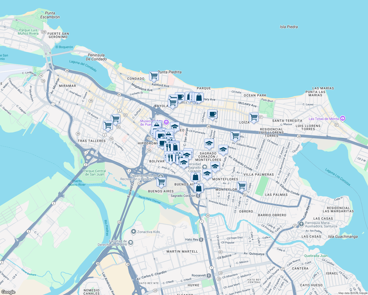 map of restaurants, bars, coffee shops, grocery stores, and more near 1702 Calle San Mateo in San Juan
