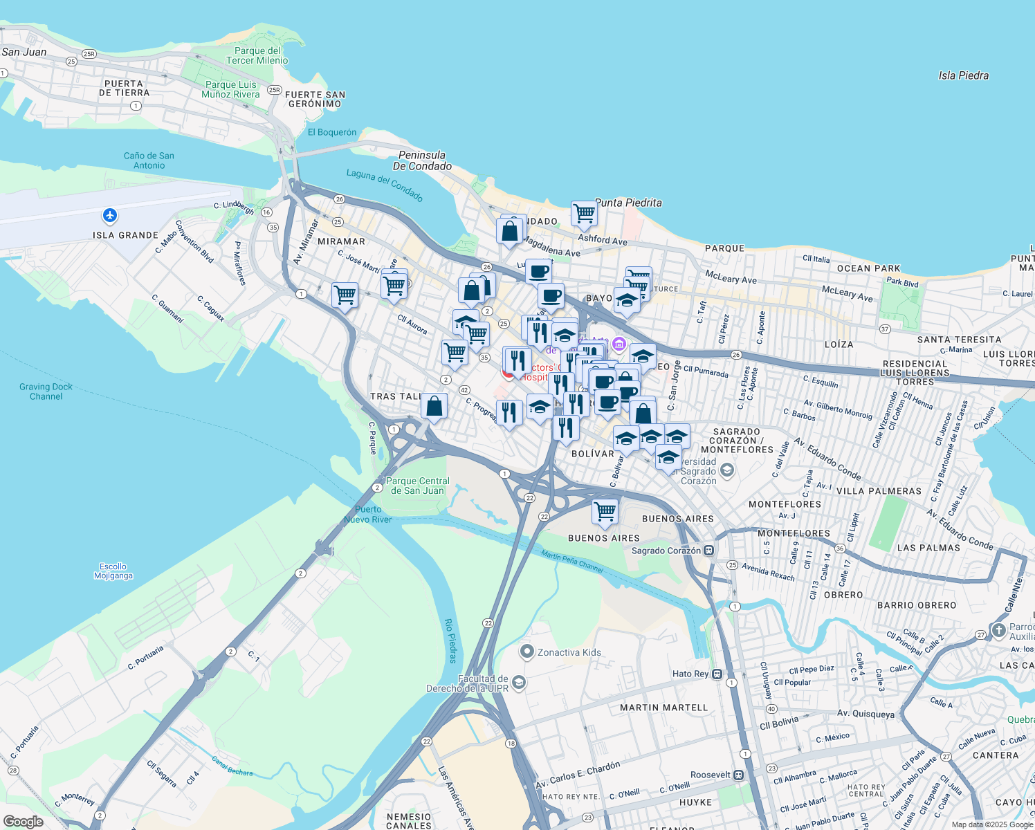 map of restaurants, bars, coffee shops, grocery stores, and more near in San Juan