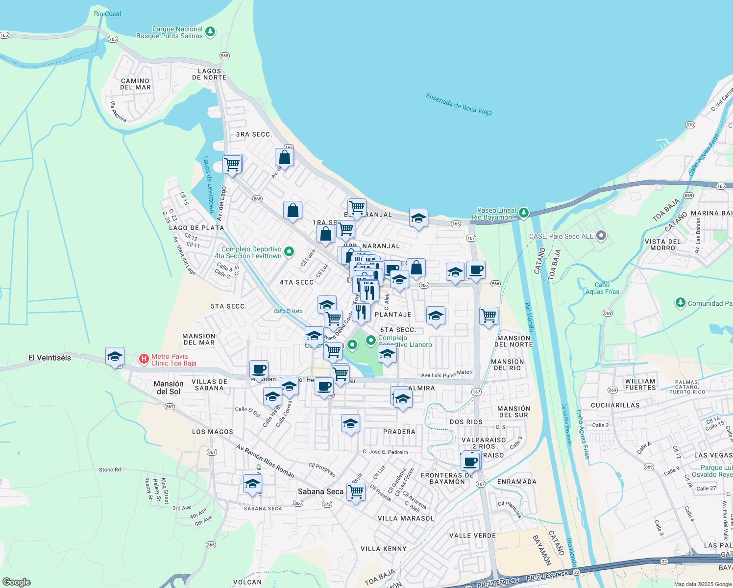 map of restaurants, bars, coffee shops, grocery stores, and more near Boulevard Monroig in Toa Baja