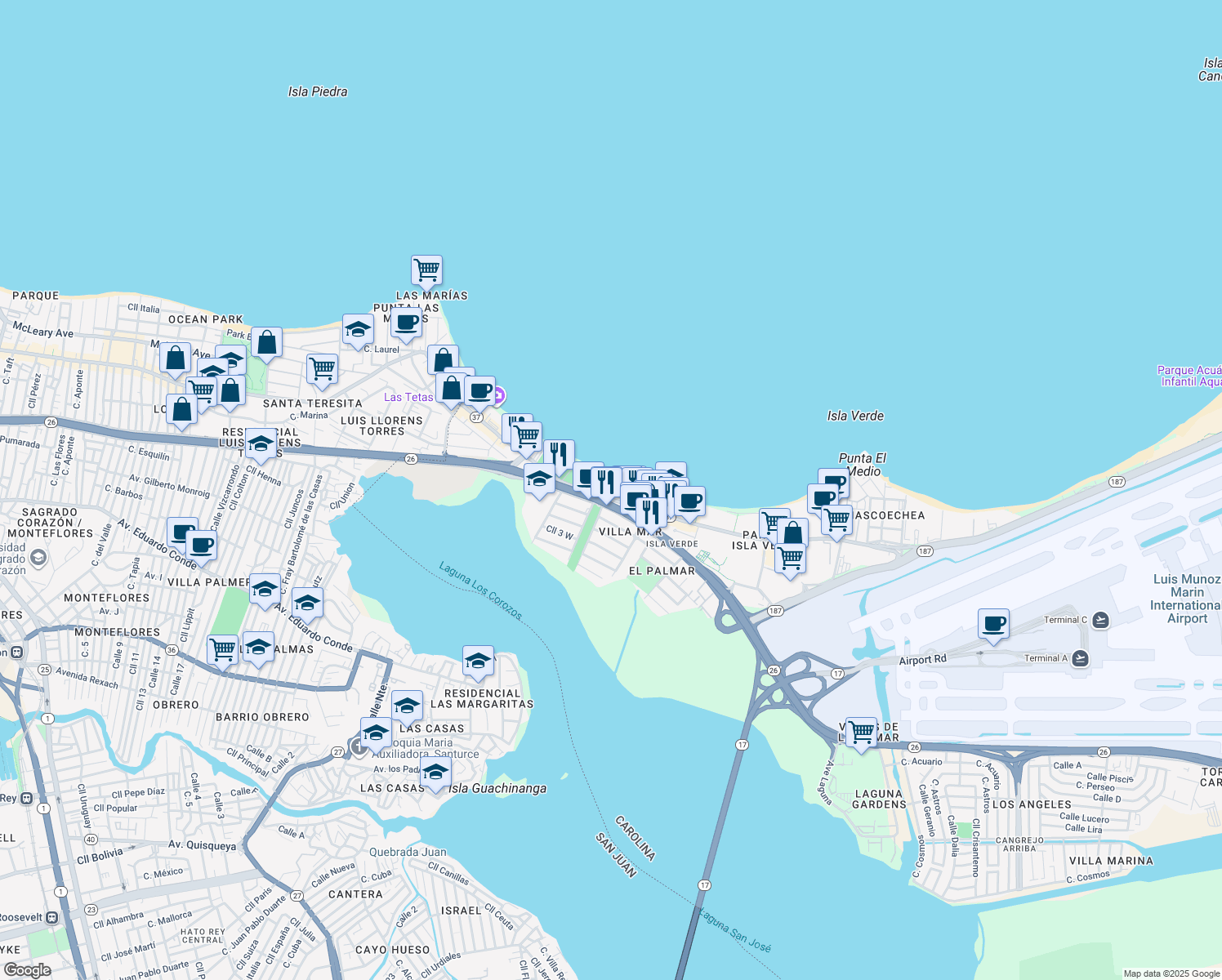 map of restaurants, bars, coffee shops, grocery stores, and more near 4429 Avenida Isla Verde in Carolina