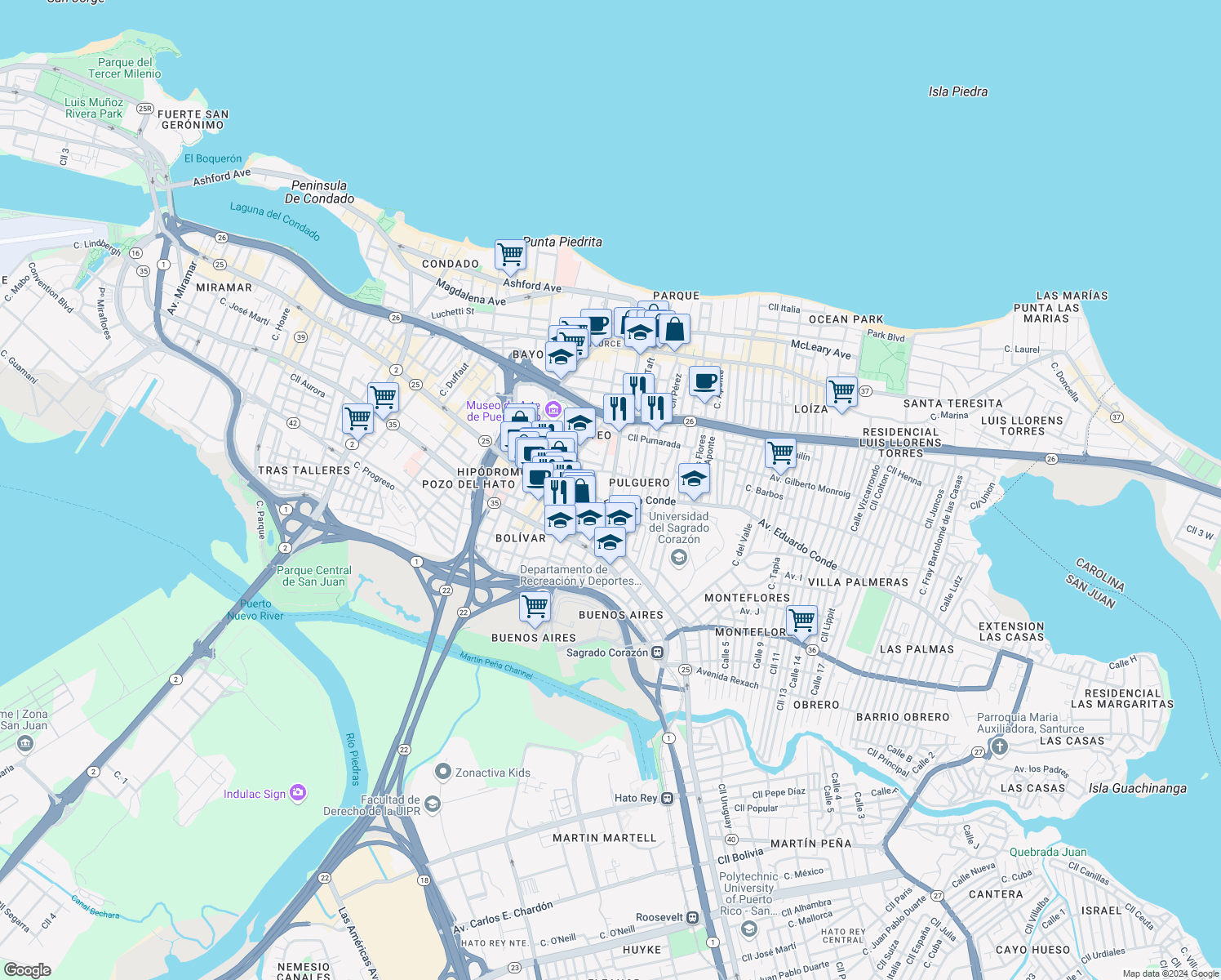 map of restaurants, bars, coffee shops, grocery stores, and more near 357-371 Calle San Jorge in San Juan