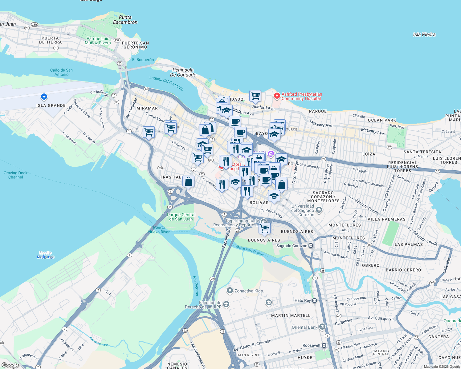 map of restaurants, bars, coffee shops, grocery stores, and more near 1401-1415 Calle Feria in San Juan