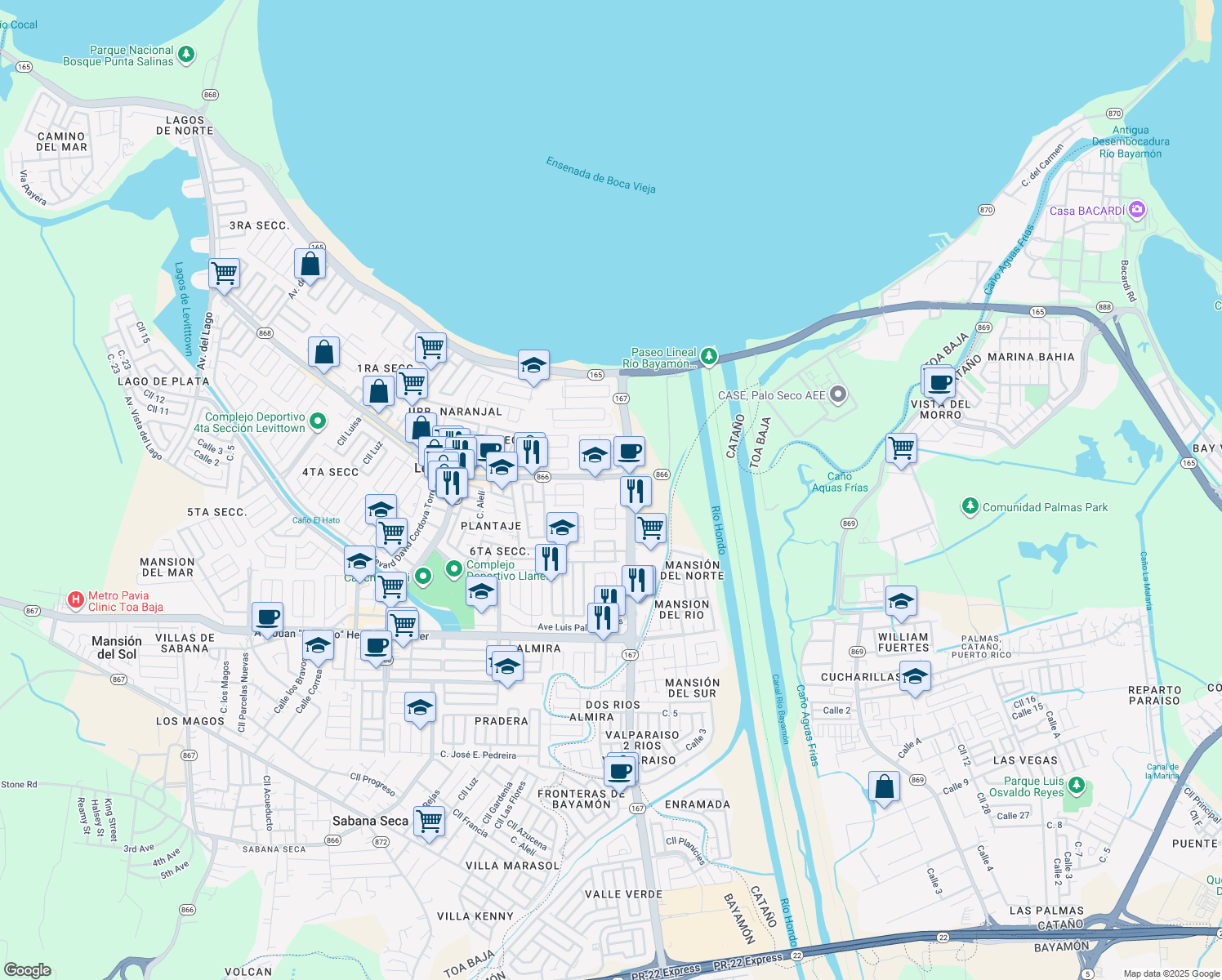 map of restaurants, bars, coffee shops, grocery stores, and more near Highway 167 in Toa Baja