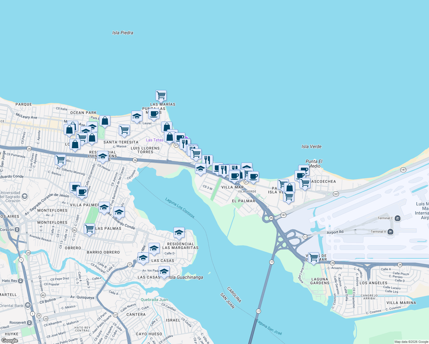 map of restaurants, bars, coffee shops, grocery stores, and more near in Carolina