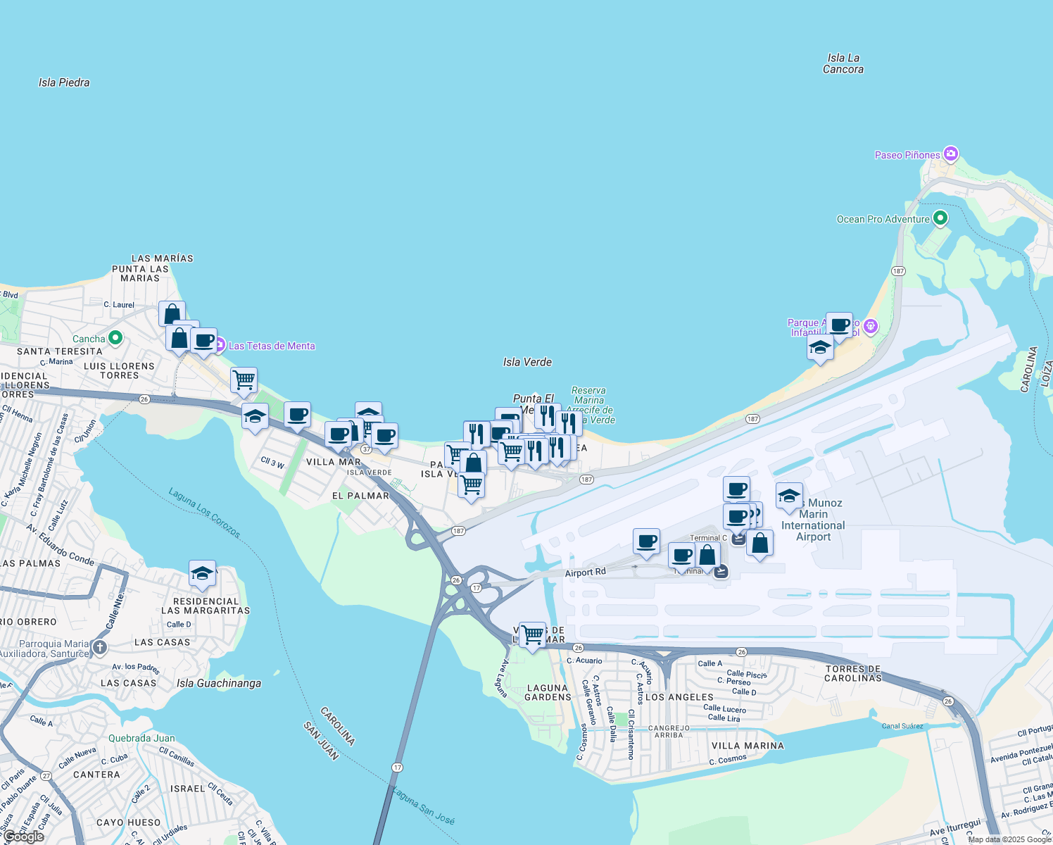 map of restaurants, bars, coffee shops, grocery stores, and more near 37 Calle Gardenia in Carolina