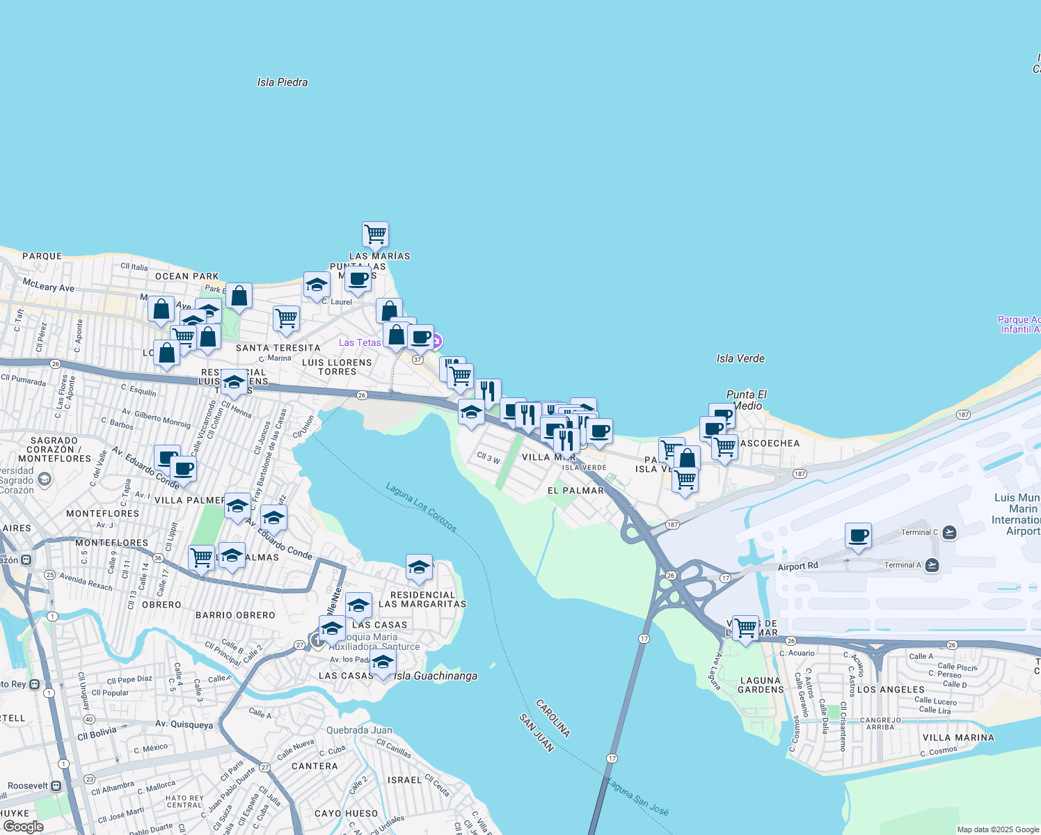 map of restaurants, bars, coffee shops, grocery stores, and more near 4429 Avenida Isla Verde in Carolina